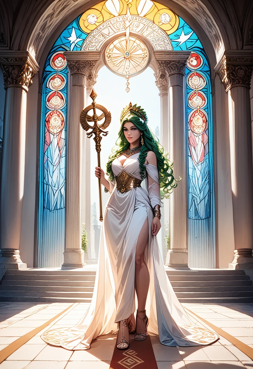  Stained Glass Dress ， Goddess of Plan-Haired Hair ，Holding a scepter，Wearing a crown，Holy，Exquisite，8k HD， Beautiful Woman's Full Body，Five senses，Ancient Greek Goddess 