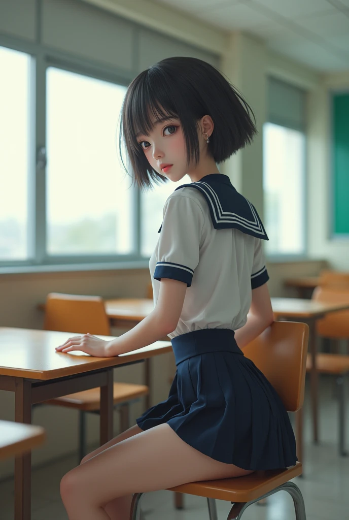 a ***ite japanese school girl with a small, flat chest and a slender, athletic build, standing in a school classroom wearing her uniform, her skirt lifted to reveal her thighs as she sits cross-legged on a desk, (best quality, 8k, highres, masterpiece:1.2), ultra-detailed, realistic, photorealistic, studio lighting, extremely detailed face and body, pale skin, slim abs, short hair, youthful features, low angle