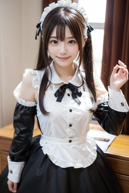 Cute face like an 18-year-old idol　Smiling Kindly　Japanese Gothic Lolita　Cosplay　Frills　Maid clothes　Cleavage　Slightly large bust　indoor　living　((Full body portrait))　RAW Photos　Genuine