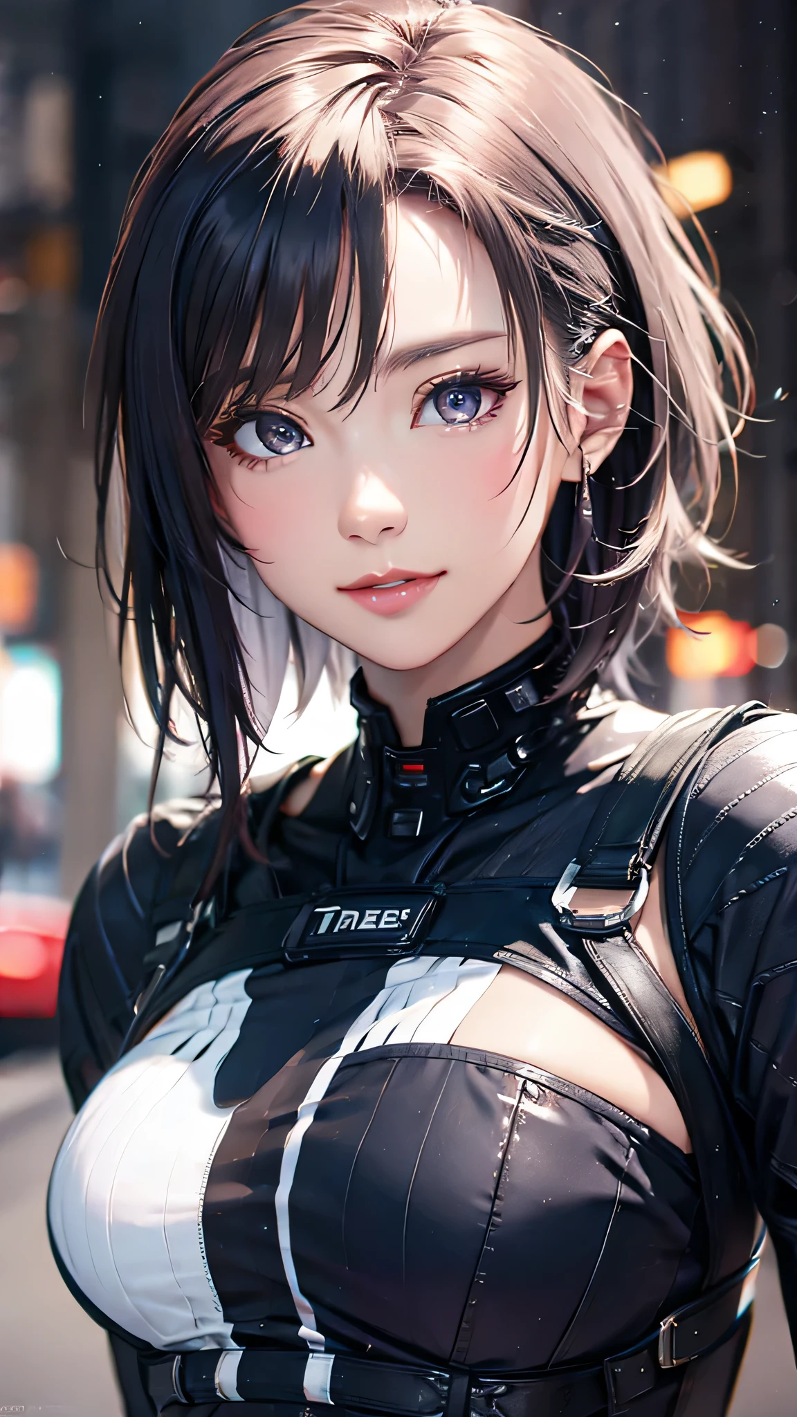 (8k, Photorealistic, RAW photos , top quality: 1.4), ( 1 girl), super beautiful, ( realistic face), ( boyish , silver-colored berry shorthair), Beautiful Cyberpunk Suit , gaze that tempts viewers, beautiful expression , Beautiful breasts, (realistic skin), beautiful smile, (soldier), attractive, Super high resolution, super real , High Definition , pampered