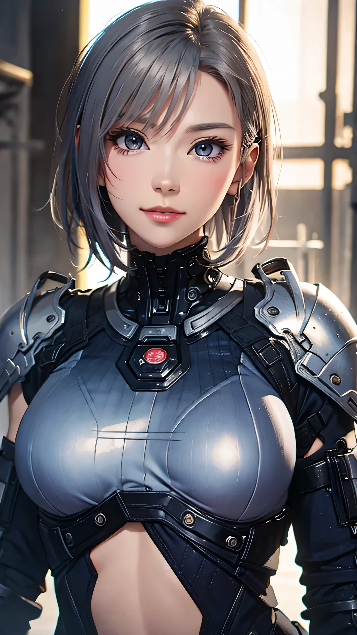 (8k, Photorealistic, RAW photos , top quality: 1.4), ( 1 girl), super beautiful, ( realistic face), ( boyish , silver-colored berry shorthair), Beautiful Cyberpunk Suit , gaze that tempts viewers, beautiful expression , Beautiful breasts, (realistic skin), beautiful smile, (soldier), attractive, Super high resolution, super real , High Definition , pampered