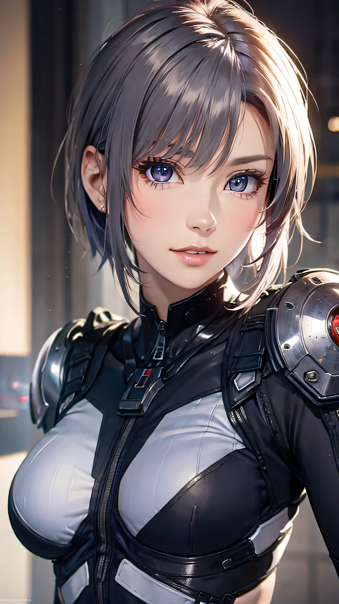 (8k, Photorealistic, RAW photos , top quality: 1.4), ( 1 girl), super beautiful, ( realistic face), ( boyish , silver-colored berry shorthair), Beautiful Cyberpunk Suit , gaze that tempts viewers, beautiful expression , Beautiful breasts, (realistic skin), beautiful smile, (soldier), attractive, Super high resolution, super real , High Definition , pampered