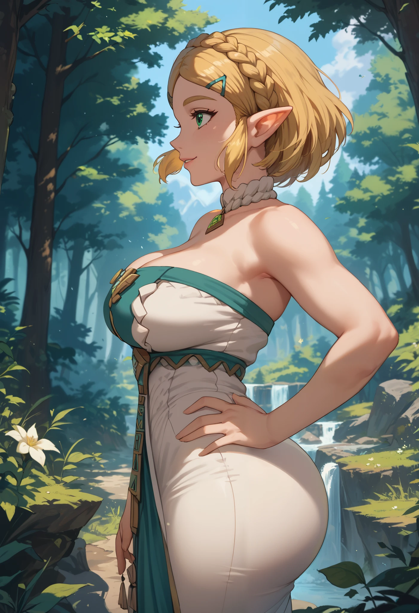 1 girl, solo, zeldadress, pointy ears, braid, hair ornament, hairclip, crown braid, bangs, green eyes, parted bangs, blonde hair, short hair, jewelry, large breasts, white dress, outdoors, forest, standing, upper body, hands on hip, huge ass, ((from the side)), sideview, side profile, happy, sleeveless, cleavage