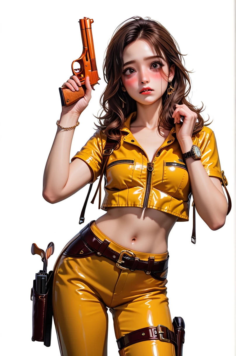 ((highest quality)), ((masterpiece)), ((perfect face))、(detailed motorcycle)、Photo bike woman with clear details))、slender body、orange riding jacket and leather pants、smile、pose next to a bike、short hair