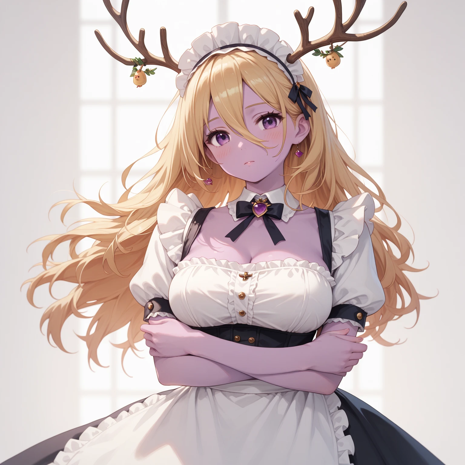 beth, From Guardian Tales , chica, Alone,  long hair,   looking at the spectator, blush,  blond hair ,  big breasts,  simple background,  white background, dress, neckline,  hair between her eyes ,  purple eyes, clavicle, short sleeve, Ornaments, antlers, apron, maid, maid headdress, with purple skin tone ,  arms crossed, enmaided, 


masterpiece,  best quality, amazing quality,  very aesthetic, absurdres,  Depth of field,  blurry background ,  face,  detailed eyes ,