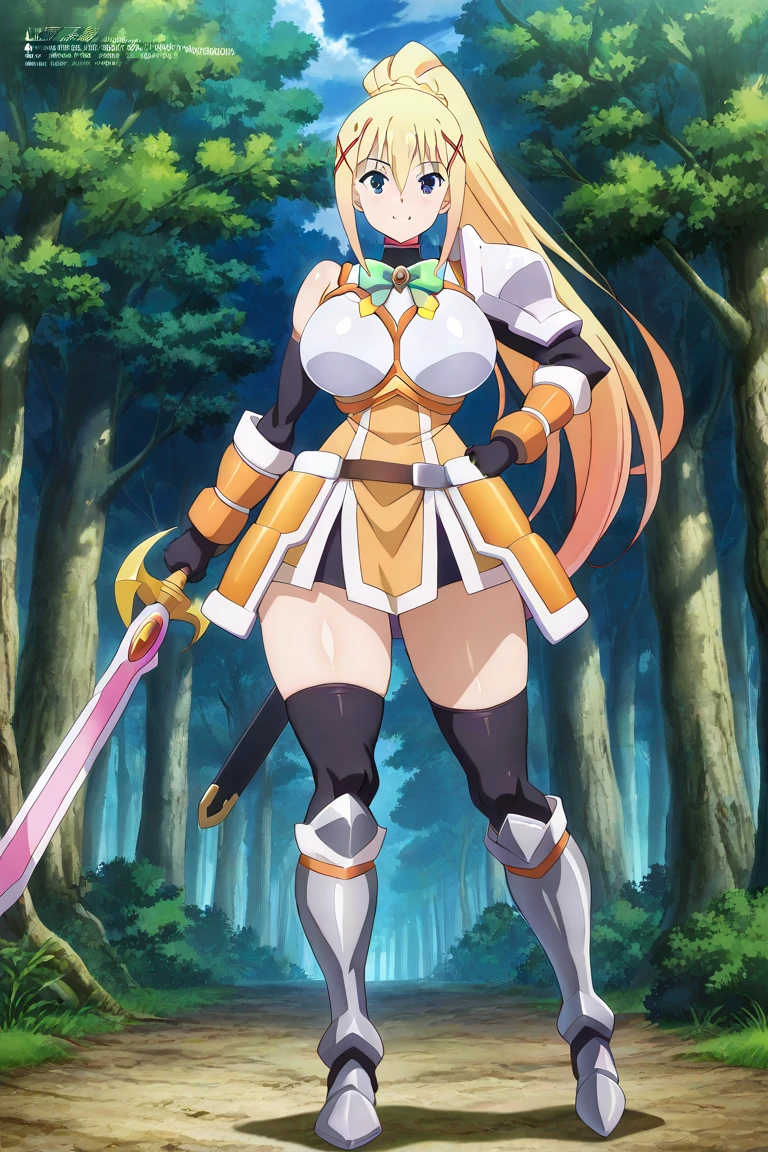 1girl,darkness,konosuba,forest , body armour, sword
 ,  Prompt: (huge gigantic super mega hyper:1.7),(biggest round giant massive :1.7), (only one women), source_anime,masterpiece,best quality,highres,absurdres,official art,official style,source_anime,anime screencap,anime coloring,megami magazine,anime,animated,explicit, shiny skin,hot