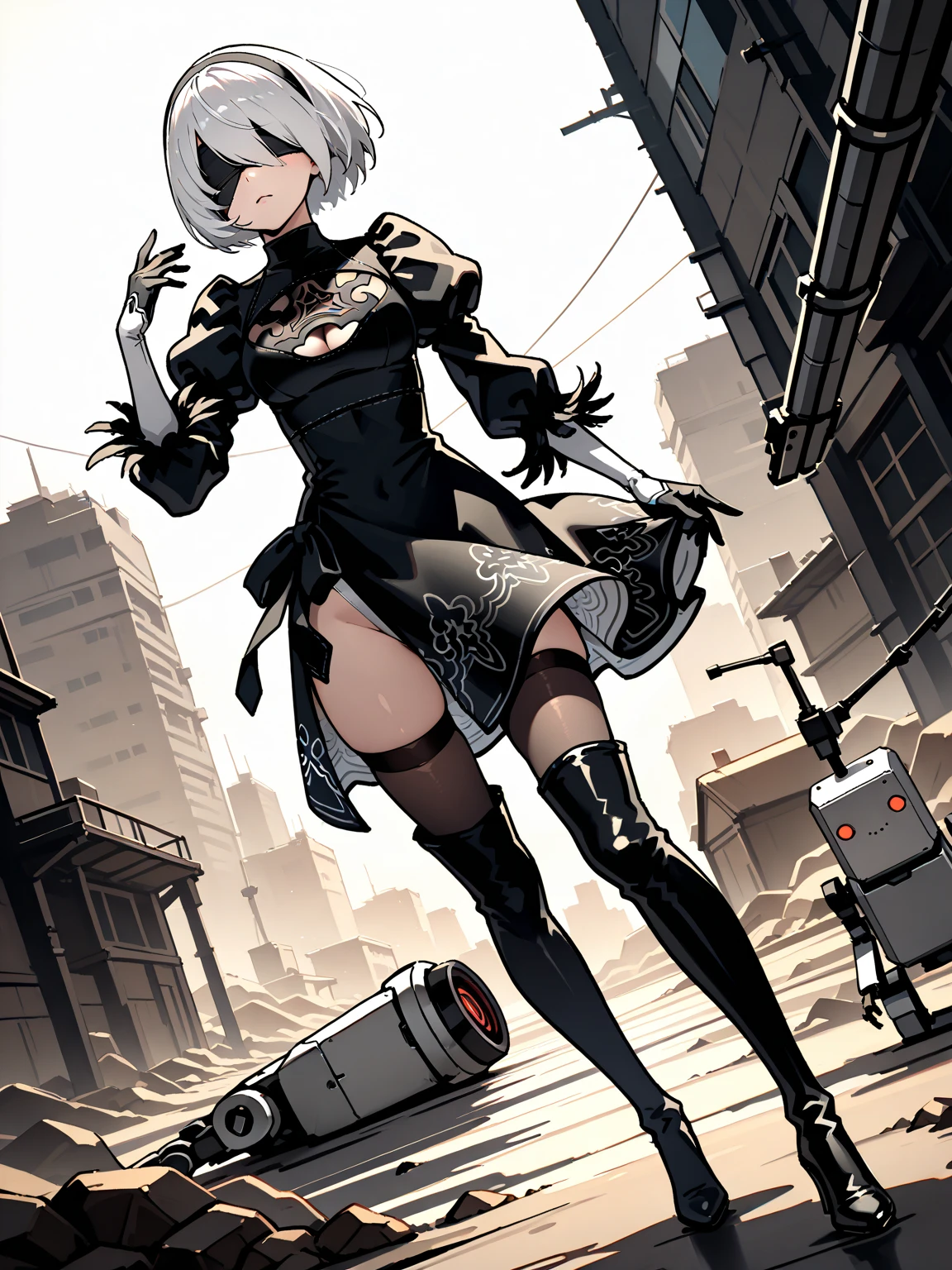 Score_9, score_8_up, score_7_up, source_semi-real, rating_safe;; Nier Automata 2B, fighting robot machine_lifeform in a desert pit;; 2BNAXL, blindfold, black blindfold, black hairband, white hair, short hair, medium breasts, clothing cutout, cleavege cutout, black dress, puffy sleeves, feather-trimmed sleeves, black gloves, leotard, skirt, black thighhighs, thigh boots, black high heels