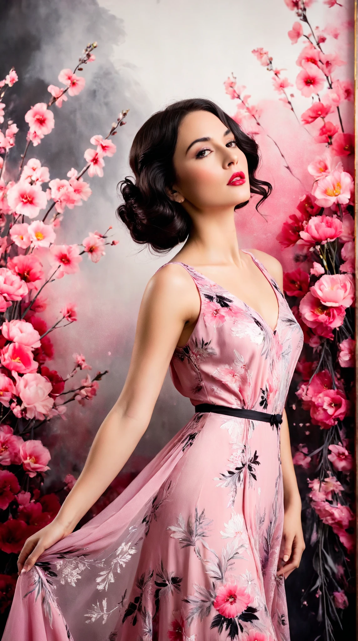 In a whimsical floral backdrop, a graceful European woman from the 1920s stands elegantly. Her delicate features are softly illuminated, framed by gentle waves of dark hair. She wears a flowing pink dress that billows lightly, enhancing her serene presence. Her lips are a striking red, adding a touch of vibrancy to the soft monochrome palette of the scene.

The artwork resembles a black and white ink painting, with fluid brush strokes and delicate line work that evoke a sense of nostalgia. Subtle tones of ink blend seamlessly, while the background bursts with pastel flowers, creating a dreamlike atmosphere. The entire composition radiates tranquility and romance, inviting the viewer into a moment frozen in time.