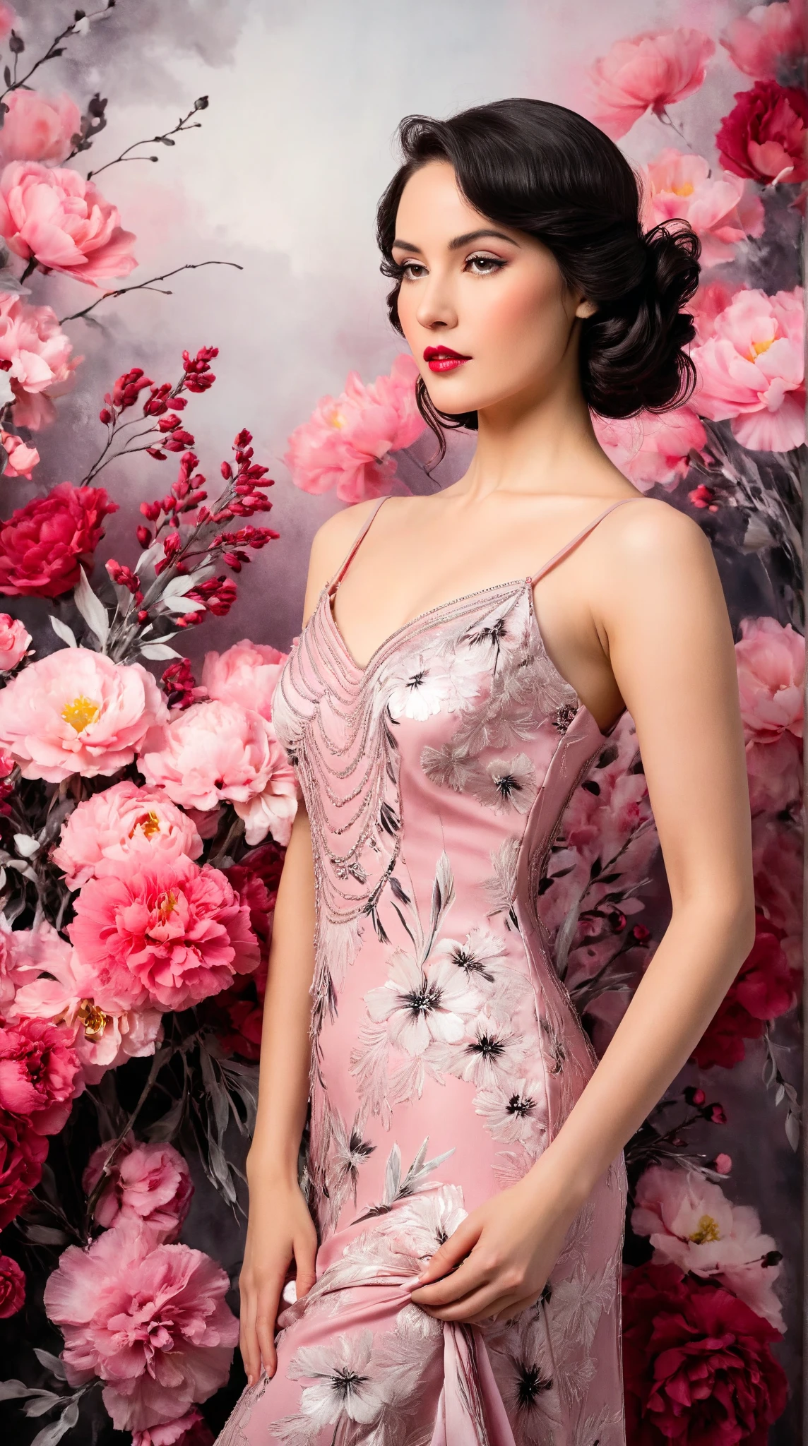 In a whimsical floral backdrop, a graceful European woman from the 1920s stands elegantly. Her delicate features are softly illuminated, framed by gentle waves of dark hair. She wears a flowing pink dress that billows lightly, enhancing her serene presence. Her lips are a striking red, adding a touch of vibrancy to the soft monochrome palette of the scene.

The artwork resembles a black and white ink painting, with fluid brush strokes and delicate line work that evoke a sense of nostalgia. Subtle tones of ink blend seamlessly, while the background bursts with pastel flowers, creating a dreamlike atmosphere. The entire composition radiates tranquility and romance, inviting the viewer into a moment frozen in time.