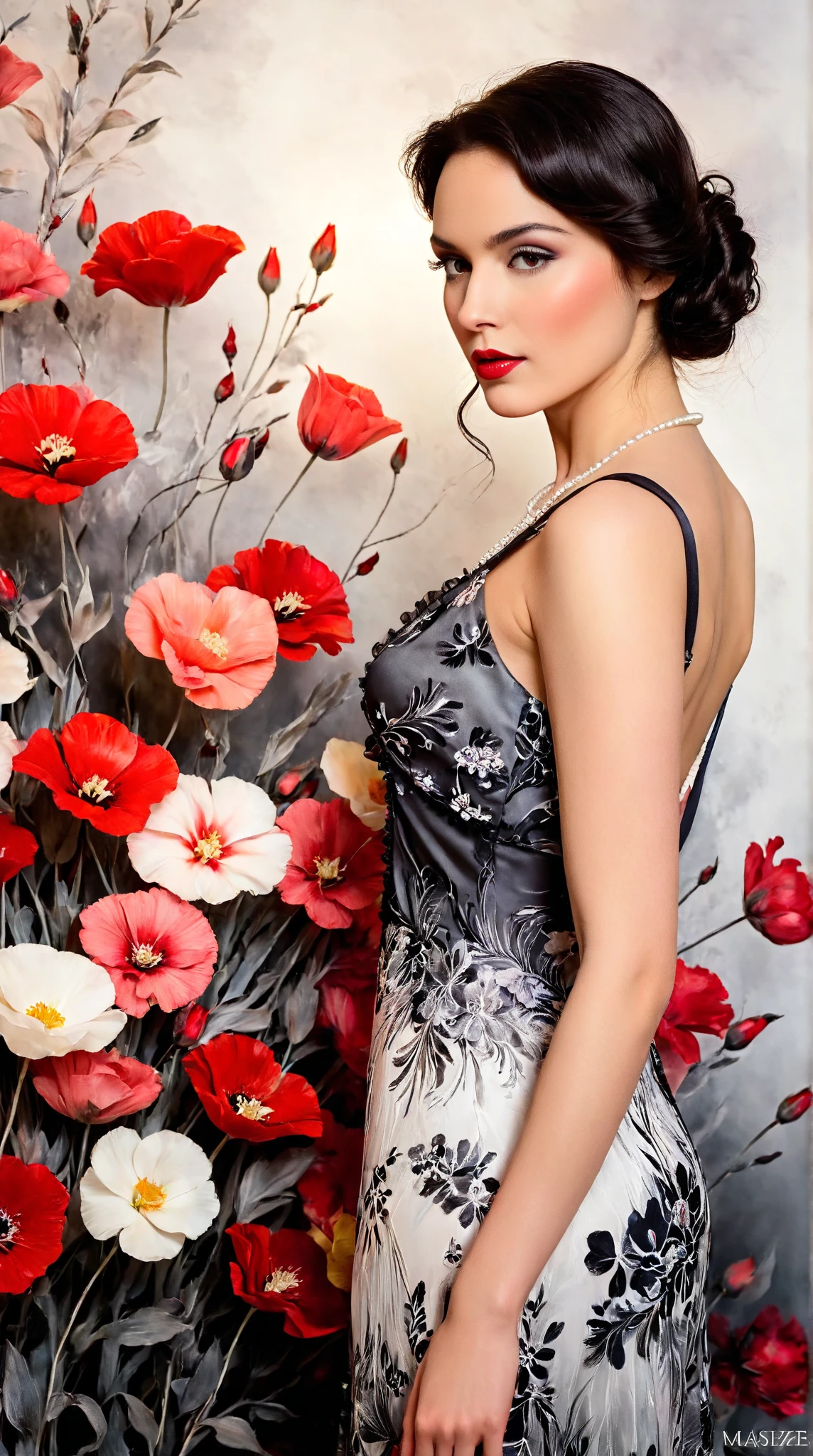 In a whimsical floral backdrop, a graceful European woman from the 1920s stands elegantly. Her delicate features are softly illuminated, framed by gentle waves of dark hair. She wears a flowing colorful dress that billows lightly, enhancing her serene presence. Her lips are a striking red, adding a touch of vibrancy to the soft monochrome palette of the scene.

The artwork resembles a black and white ink painting, with fluid brush strokes and delicate line work that evoke a sense of nostalgia. Subtle tones of ink blend seamlessly, while the background bursts with pastel flowers, creating a dreamlike atmosphere. The entire composition radiates tranquility and romance, inviting the viewer into a moment frozen in time.