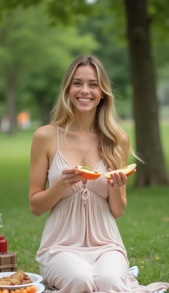 Create Hyper-realistic images of a beautiful young prime 20year old lady wearing boho-style clothing sitting in a fresh produce restaurant " blonde hair, gorgeous beauty, cleavage, smiling