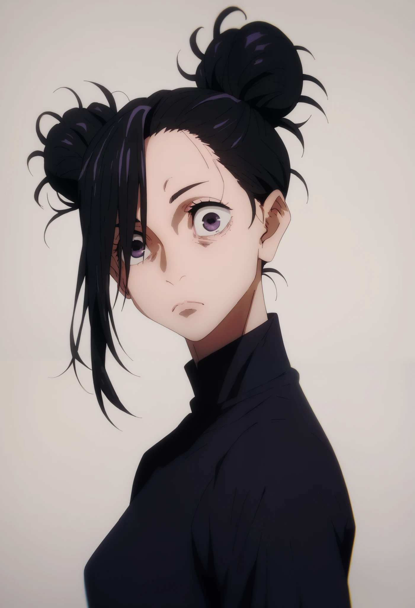 . A girl with black hair and. Dark clothes, asymmetrical hairbang , purple eyes, round face, best quality, messy buns, 