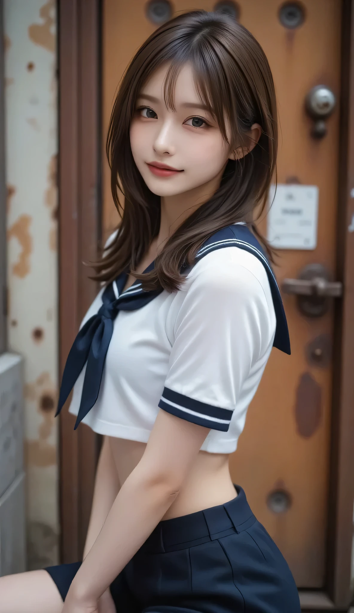 perfect composition , proper placement , Golden Ratio, beautiful Japanese woman, big breasts:1.331, slender body:1.331, thin limbs:1.331, thin waist :1.331, Small Ass:1.331, COMPLETE ANATOMY :1.331, have small heads :1.331, famous Tokyo Metropolitan High School sailor uniform :1.21, Short sleeve clothing, White Short Sleeve Sailor Suit :1.21, I can see your belly button :1.21, Navy blue pleated skirt showing thighs and shins, long hair:1.21, ( top quality , EXQUISITE RESOLUTION , super detailed ,masterpiece), ( Photorealistic), 8k, ( detailed face ), delicate and realistic skin texture , Rusted Door Background , High Definition , dynamic and emotional movie lighting ,