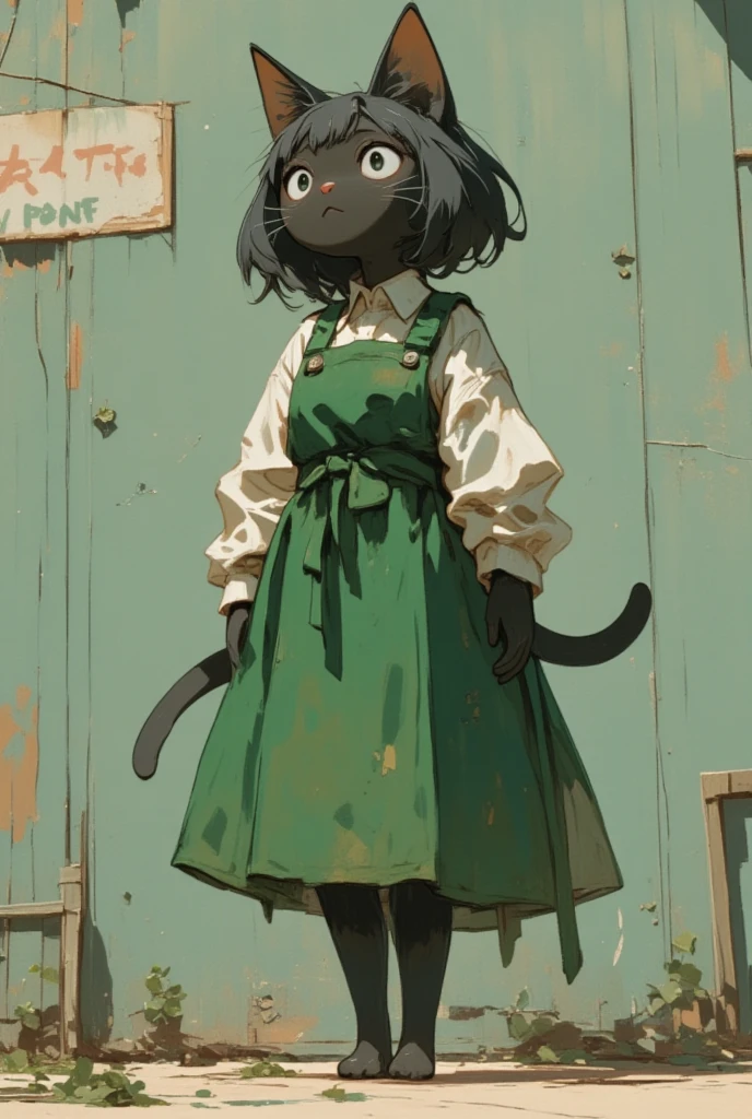   black cat that walks on two legs larger than humans \ girl,   wear a green apron  ,  gray fur from nose to belly , Grey Mouth ,   with droopy ears , Outward-facing ears  ,  Poor eyesight ,   attractive face , :3