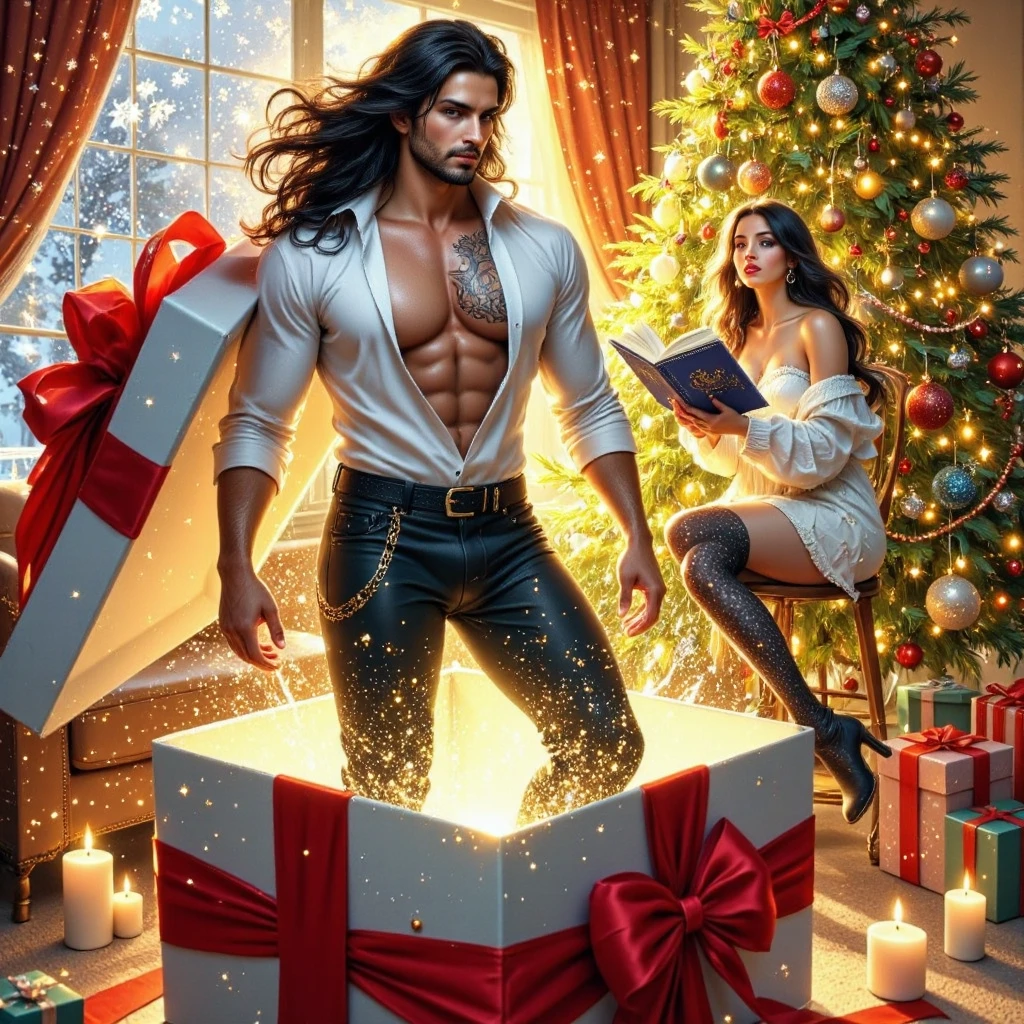  EXTREMELY DETAILED HI-REZ A beautiful muscular sexy aristocrat man with long black hair , in a white shirt , pants and boots is standing inside a large gift box with red with a bow and looks at the camera ..  An 18-year-old flirting woman looks happily at him with an open magic book .  New Year's room in a modern apartment , Christmas tree, present.  Sunlight illuminates every snowflake . dynamically.  dynamic pose. BRIGHT,textural, three-dimensional , bright rich complementary colors .  flowing hair .textural.  correct anatomy proportions .right hands . Beautiful realistic model faces . 