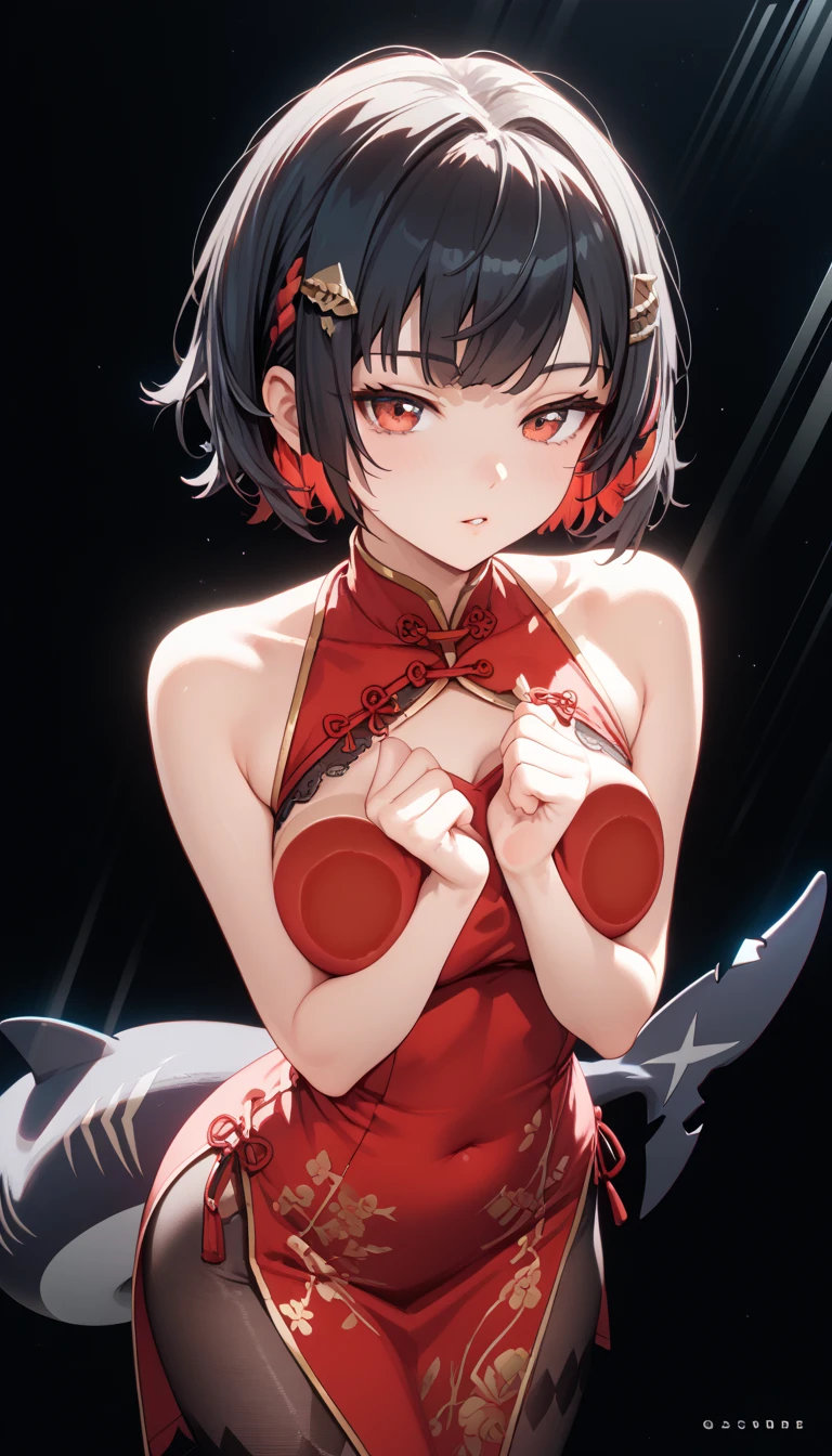 masterpiece， high resolution，Anime Art，Anime Numbers， 4k anime wallpaper，Soft Light， radiant skin， unique ，An anime girl，Crawling on glass， black hair， ombre short hair， red cheongsam， black pantyhose ， red eyes，The chest is squeezed and deformed， black shark tail， black background