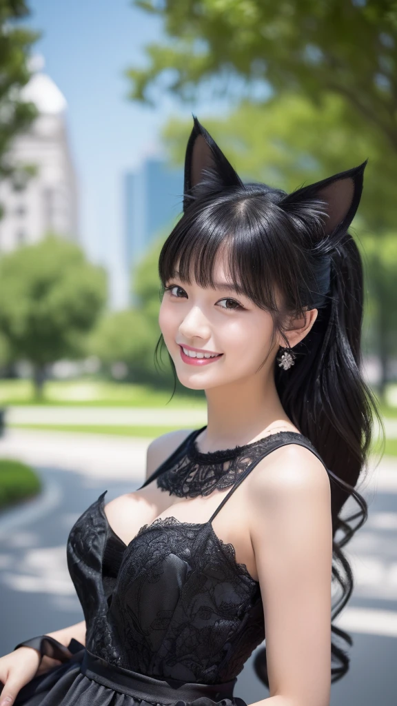 highest quality, Ultra-high resolution, (Realistic:1.4), Cat ears headband、Black sleeveless knit、Medium breast、valley、Sexy beauty、smile、Leaning forward、Night Sky、Rooftop in the background