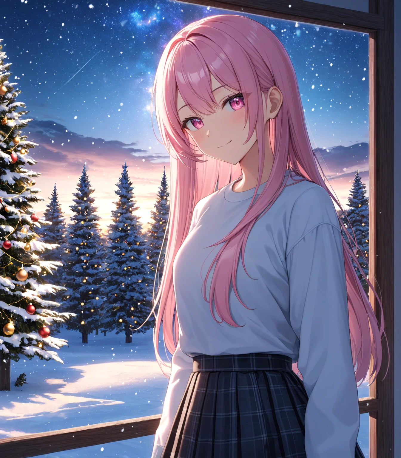 1girl, solo, Pink Shine Bright Hair, hair between eyes, Long hair, loose hair, aesthetic detailed eyes, (Pink shiny Bright Eyes), bright pink eyes, (pale cheeks), (skin colored cheeks), Mesmerise, Little smile, closed mouth, (half body, cowboy shot),  BREAK
(white shirt, dark blue knee-length skirt, long skirt), BREAK
(indoors, standing near the window, snowing outside, Christmas eve,winter, evening, lights), BREAK
HDR, 8K, masterpiece, best quality, amazing quality, very aesthetic, high resolution, ultra-detailed, absurdres, newest, scenery, 
masterpiece, scenery, aesthetic detailed background, best quality, game cg aesthetics, sharp focus, sharp details, beautiful detailed eyes, detailed skin, detailed hair, light particles,  photo background, depth of field, 
(masterpiece), best quality, ultra-detailed, 1024k UHD wallpaper, ultra-high resolution, depth of field, HDR, Ray tracing, RTX, high saturation, photon mapping, best texture quality, best compotitions, (extremely detailed CG 1024k wallpaper), High Details, Detailed face, Detailed Clothes, Ultra HD Photo, Perfect Face, expressive eyes, pale cheeks