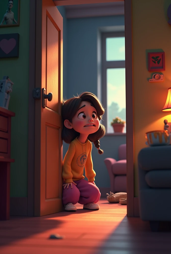 Create a Pixar style image of a scene of a young mother coming out of her sleeping daughter&#39;s room with a yellow book in her hands