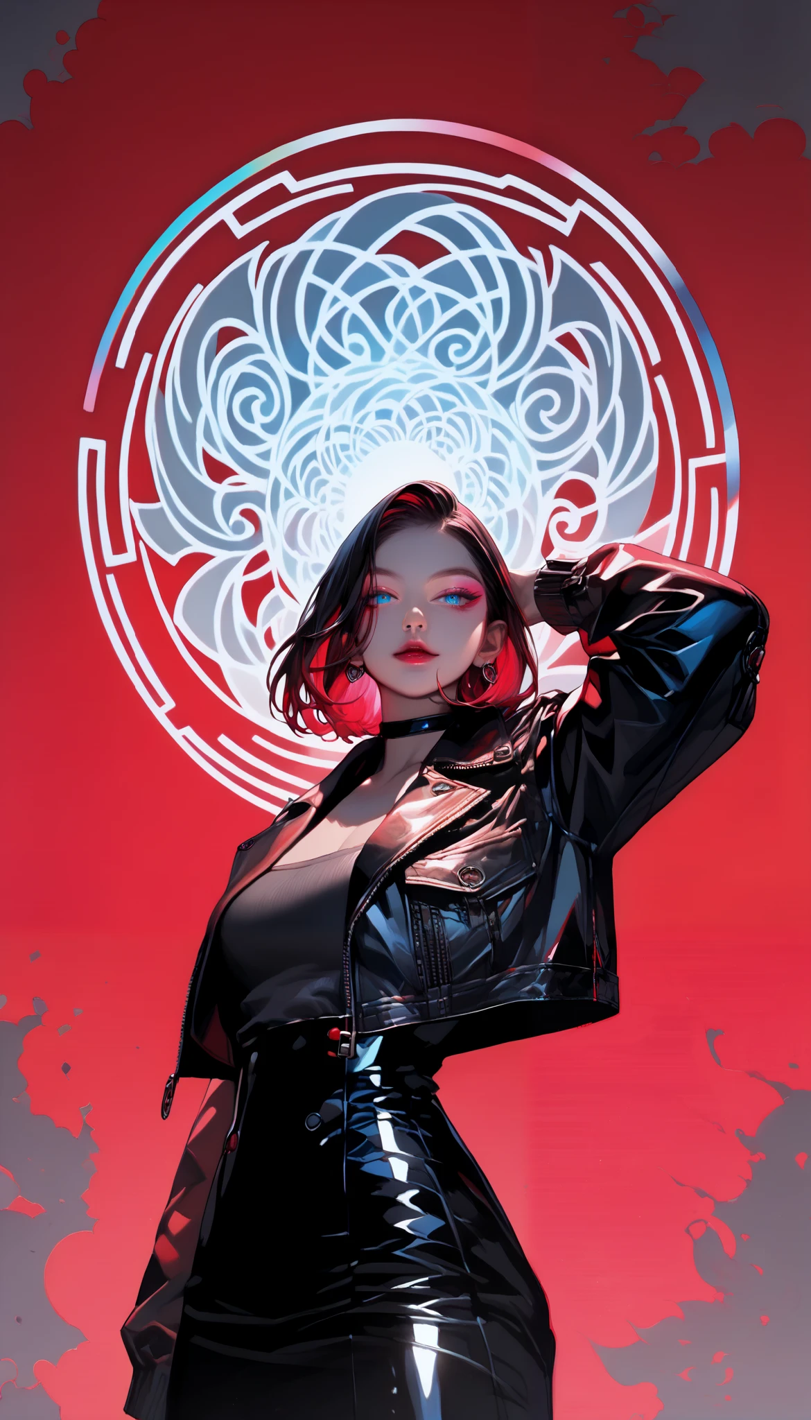 score_9, score_8_up, score_7_up, score_6_up, dark theme,sinozick style,
(Shaped circular red fluorescent luminous special effects background:1.5)(illumination magic department:1.6),(gravure_pose, high contrast,anime coloring,greyscale with red colored background:1.5),leather jacket,leather choker,(1 elegantly dressed aristocratic girl),1girl,(Depth perspective:1.4),(fullbody shot),(side 45° view:1.4),(Blue eyes(/Organ/):1.2),