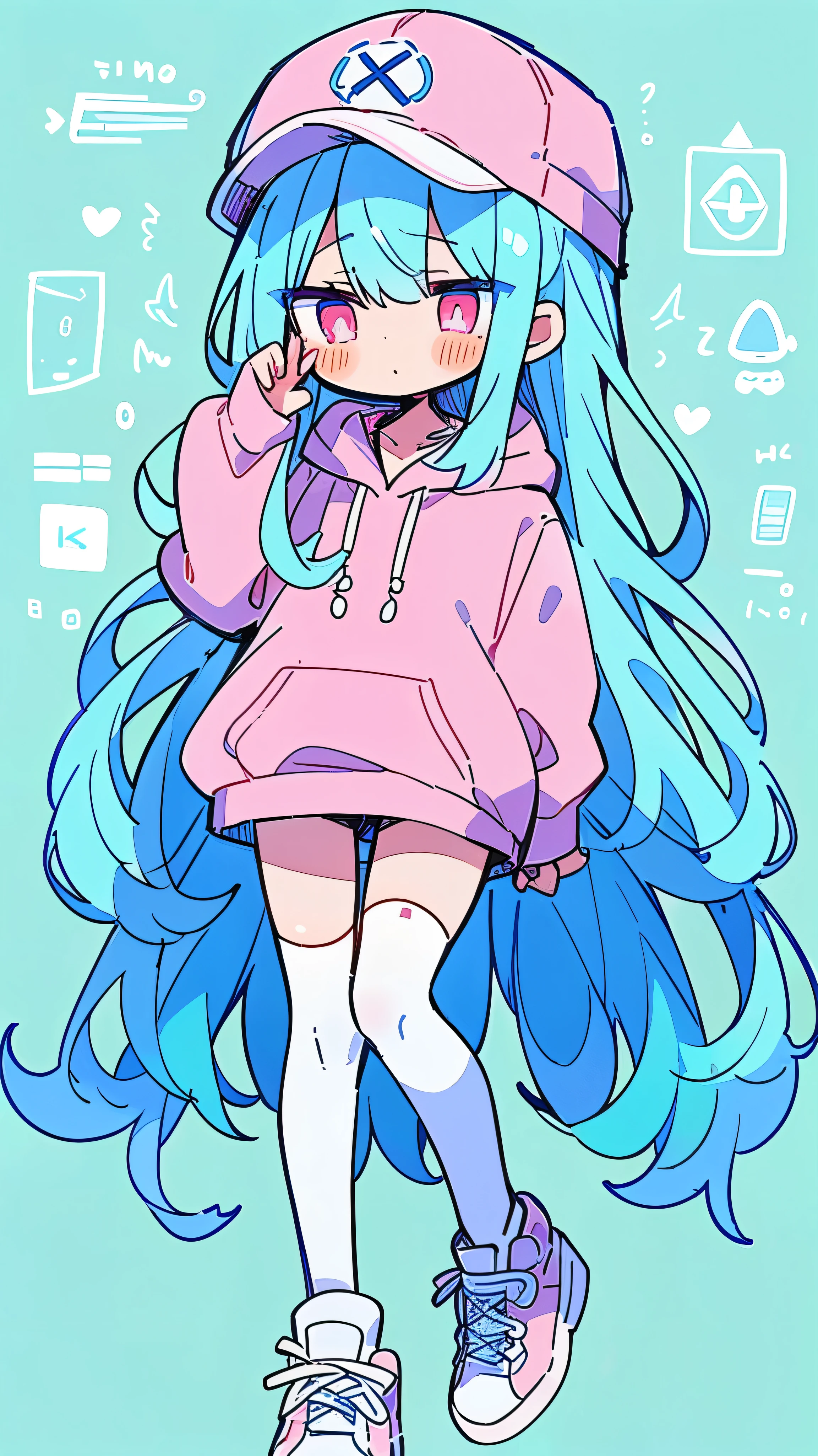 (PlanIt Schematic ), (  1girl xml file chan), xx, vscode, , digital world，Light blue long hair， pink eyes ， pink hoodie  ，  white over-the-knee stockings ，Sports shoes，  Baseball Cap  ， blank background 