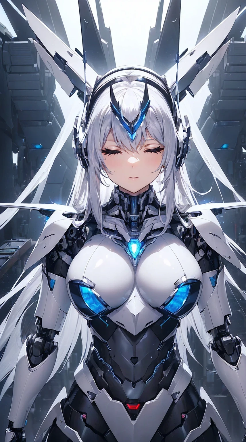(Sit with one knee on the machine:1.6)、(Full body description:1.3)、((Shining lenses on both breasts:1.3))、((Blue pillars of light are emanating from both chests.:1.3))、smile、((8K)), ((32k)), ((Highest quality)), ((masterpiece)), ((超A high resolution)), ((Tmasterpiece)), ((Halation:1.4))、((Mechaニカルheadgear:1.2))、((Cyber Headphones:1.3))、Fine skin, High quality fabric, Fine metal texture、((Beautiful and dense face))、RAW Photos、Professional, Ultra-fine painting, ((alone)), Beautiful breasts、Highest quality, Very detailed, Very detailed詳細, Finer details, so beautiful, ((Princess Knight Robot:1.2)), (Joints of machines, Mechanical Limbs:1.3), (The internal structure of the machine is exposed:1.3), (Long silver hair:1.1), (Beautiful and huge mechanical breasts)、White Veil, cowboy_shot, Side Focus, headgear, Shiny、(Five Fingers, Four fingers and thumb),Concept Art, Anime fantasy artwork, Detailed fantasy art, (with pale blue-violet hair and large white wings,,,,,,,), (((Long silver hair))), (Mecha:1.6)、Sleek and intimidating design, ((Commander-in-Chief'arm)), (Perfect robot body)、純白と青紫armまたは, Symmetrical wings, 8K high quality, detailed art, 3D rendering of character art in 8K, neat legs, Defined, Defined fingers,