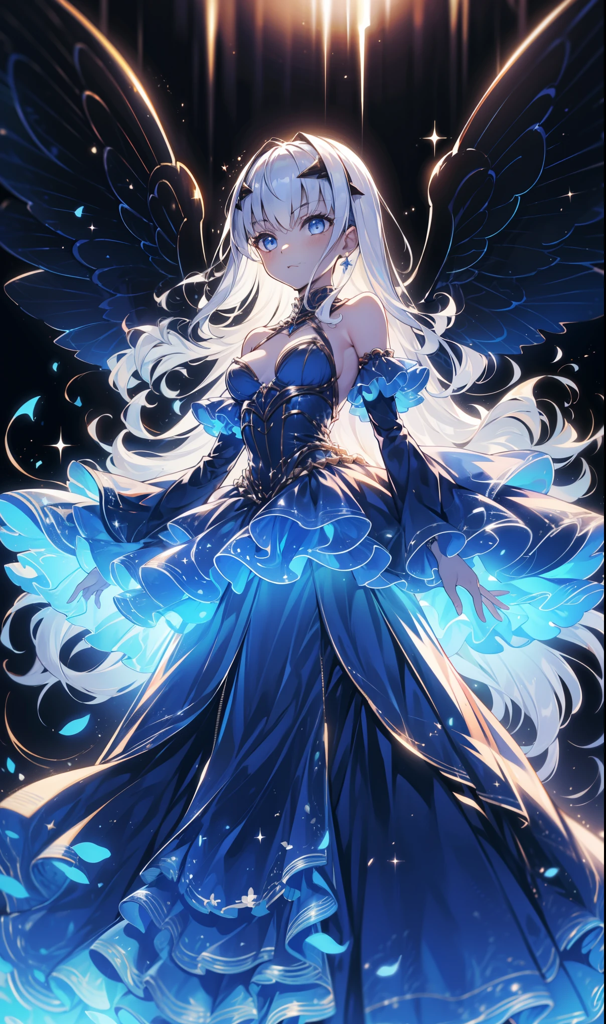 ( is the best quality ,4K,8K, high resolution , masterpiece :1.2), super detailed , girl ,Holy,( silver white hair ), blue eyes ,obsessed, Standing gracefully,玩得 happy ,in love, Lovely cloth , Exquisite Outfits,woman , happy , sci-fi city background , Unique , technical equipment flying wings