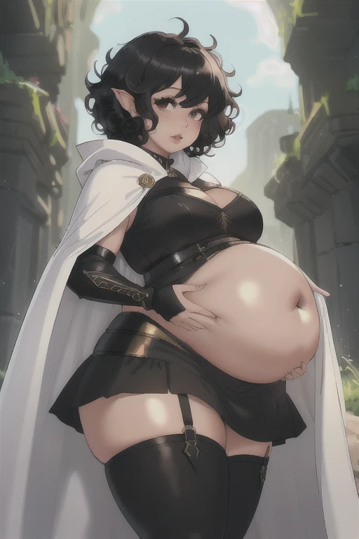 (Best quality), (high resolution), (detailed), 1woman, sketch, cute face, (thick lips), (curvy), (curly black hair), (black hair), (curly hair:1.3), (thick lips:1.2), (curly pixie hair), (black dress), (short pixie cut), (white armor), (white cloak), (unique pose), (belly)