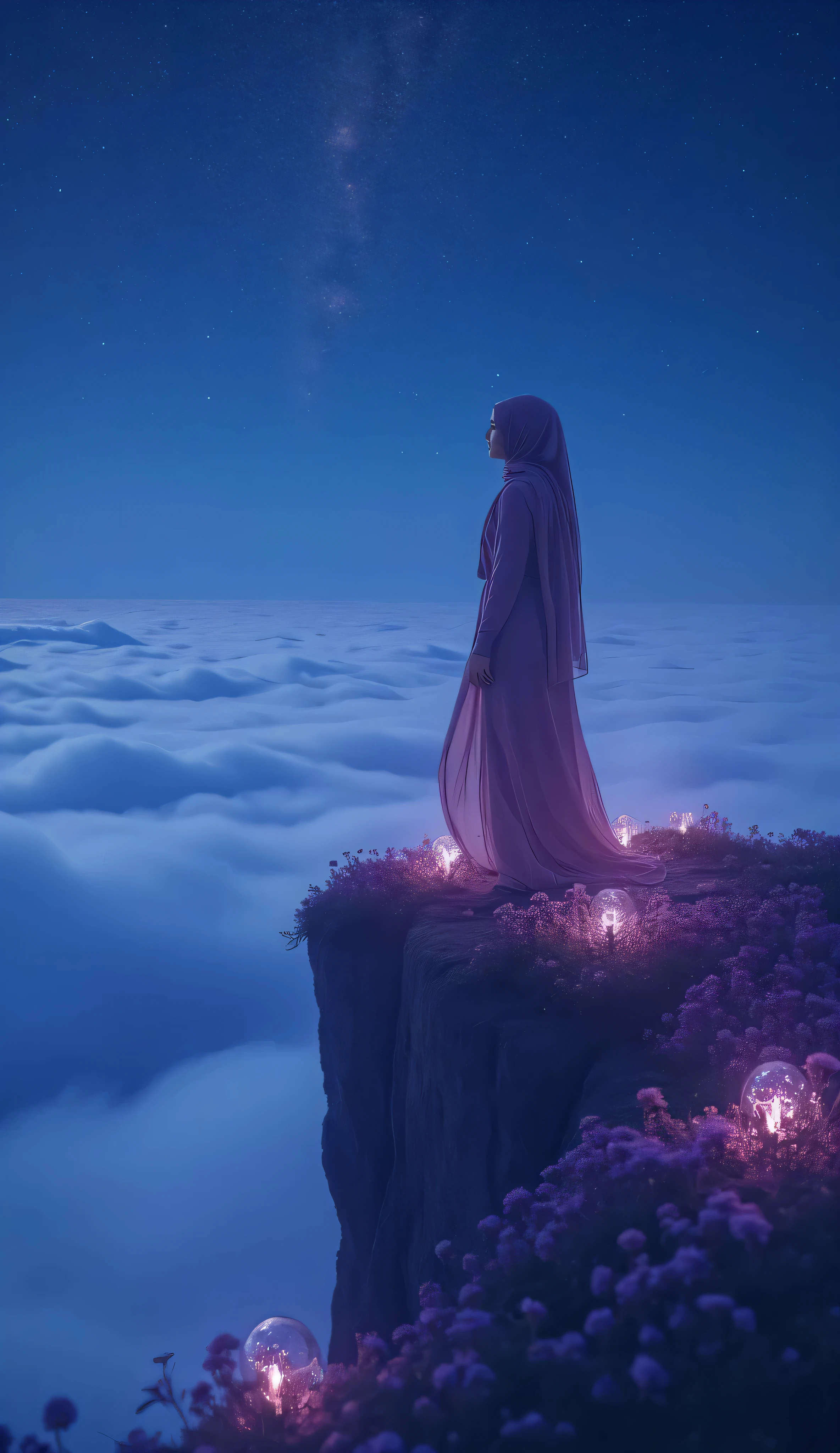 prompt:

" A young woman in a hijab standing on the edge of a high cliff surrounded by a sea of clouds .  The night sky is filled with glittering stars ,  creates a magical atmosphere .  The woman wore a mauve hijab that matched her long, gently flowing dress ,  appears radiant with the subtle rays of light emanating from the surrounding luminous flowers .  The hijab is gently waved by the gusting of the night breeze . on the edge of a cliff ,  the glowing flowers with purple petals emits magical rays in harmony with the deep blue sky.  This landscape combines the tranquil beauty of nature with a touch of fantasy , gives a sense of peace and wonder ."

