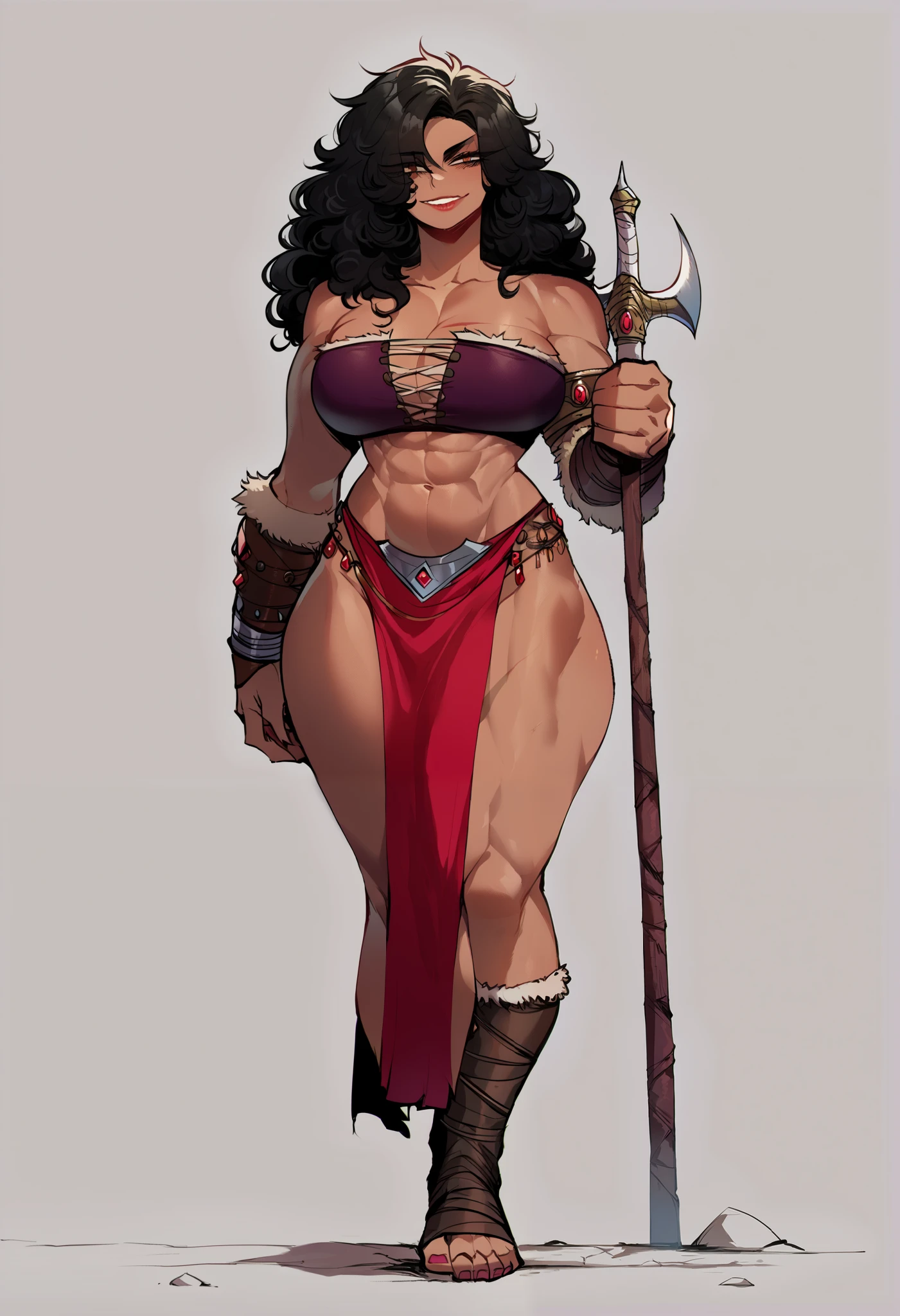 (score_9, score_8_up, seductive face, seductive expression), hyborean woman, warrior, barbarian, bronze skin, long curly black hair, hazel eyes, eyeliner, tall, amazonian, toned, fur bandeau bra, pelvic curtain, full lips, smile, feminine, wide hips, massive breasts, Nyantcha Style, source_anime, Full body, Full body,