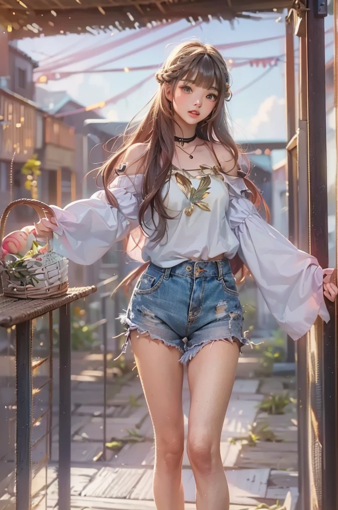 Super high res, ( top quality ,4K, Perfect Sharpness , Ultra-Fine, high res,masterpiece:1.2), Perfect Anatomy:1.5, Story Telling Illustration 、Body Positivity、 physical expression 、( Energetic Pose)、 perfect beauty, (Very strong winds)、 deep expression 、 dynamic composition、 Golden Ratio Composition、colorful、、 （ NATURAL BEAUTY ）、bangs、 short bob hair 、（Soft, flowing hair）、（(Nostalgic atmosphere )）、（(Playful and easygoing)）、（Diverse characters）、（( Graceful Posture)）、（Convivial atmosphere）、 shorts、A faint smile、 ((Emotional))、( braid hair)、Natural reaction、Summer clothing、 shows her thighs 、