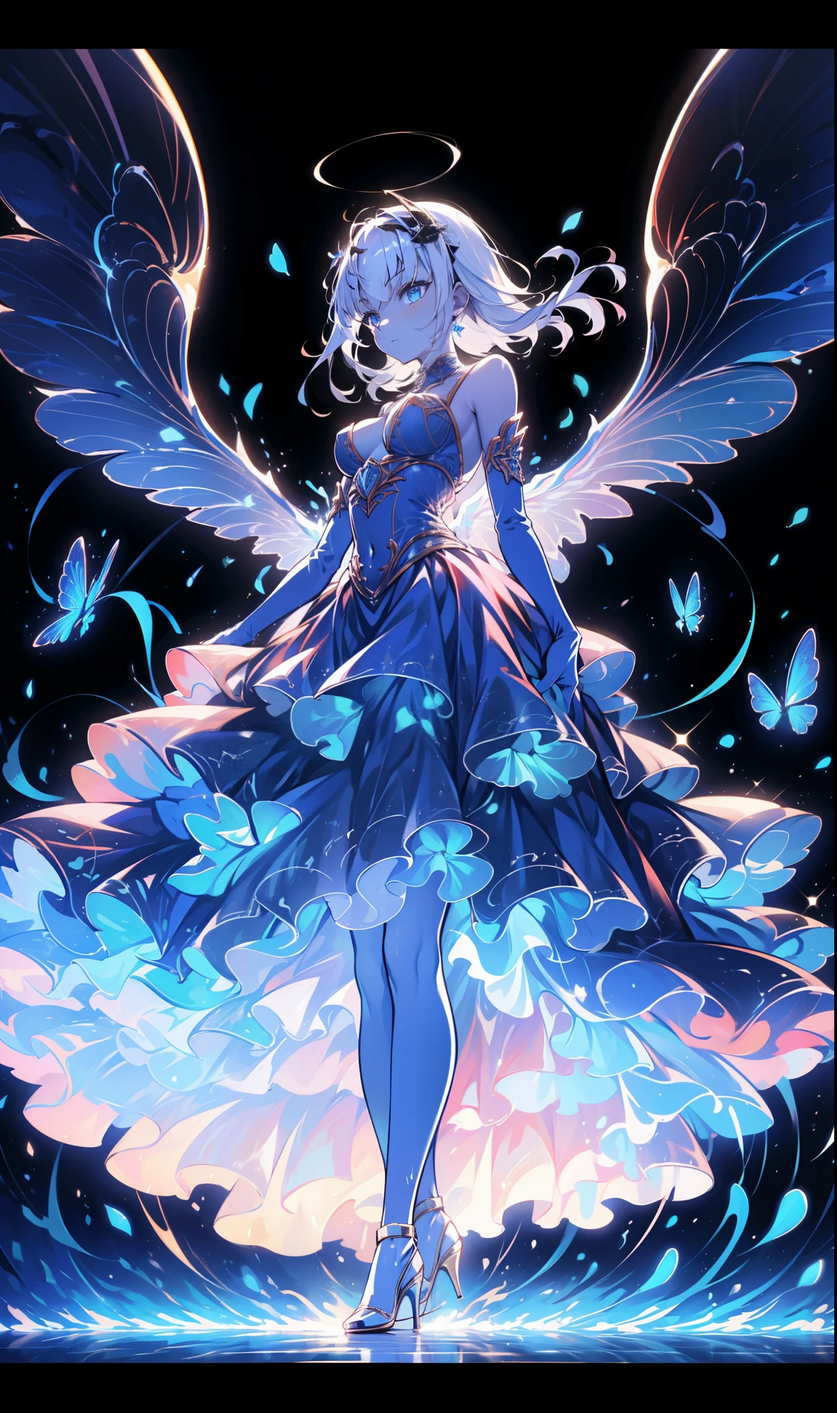 ( is the best quality ,4K,8K, high resolution , masterpiece :1.2), super detailed , girl ,Holy,( silver white hair ), blue eyes ,obsessed, Standing gracefully,玩得 happy ,in love, Lovely cloth , Exquisite Outfits,woman , happy , sci-fi city background , Unique , technical equipment flying wings