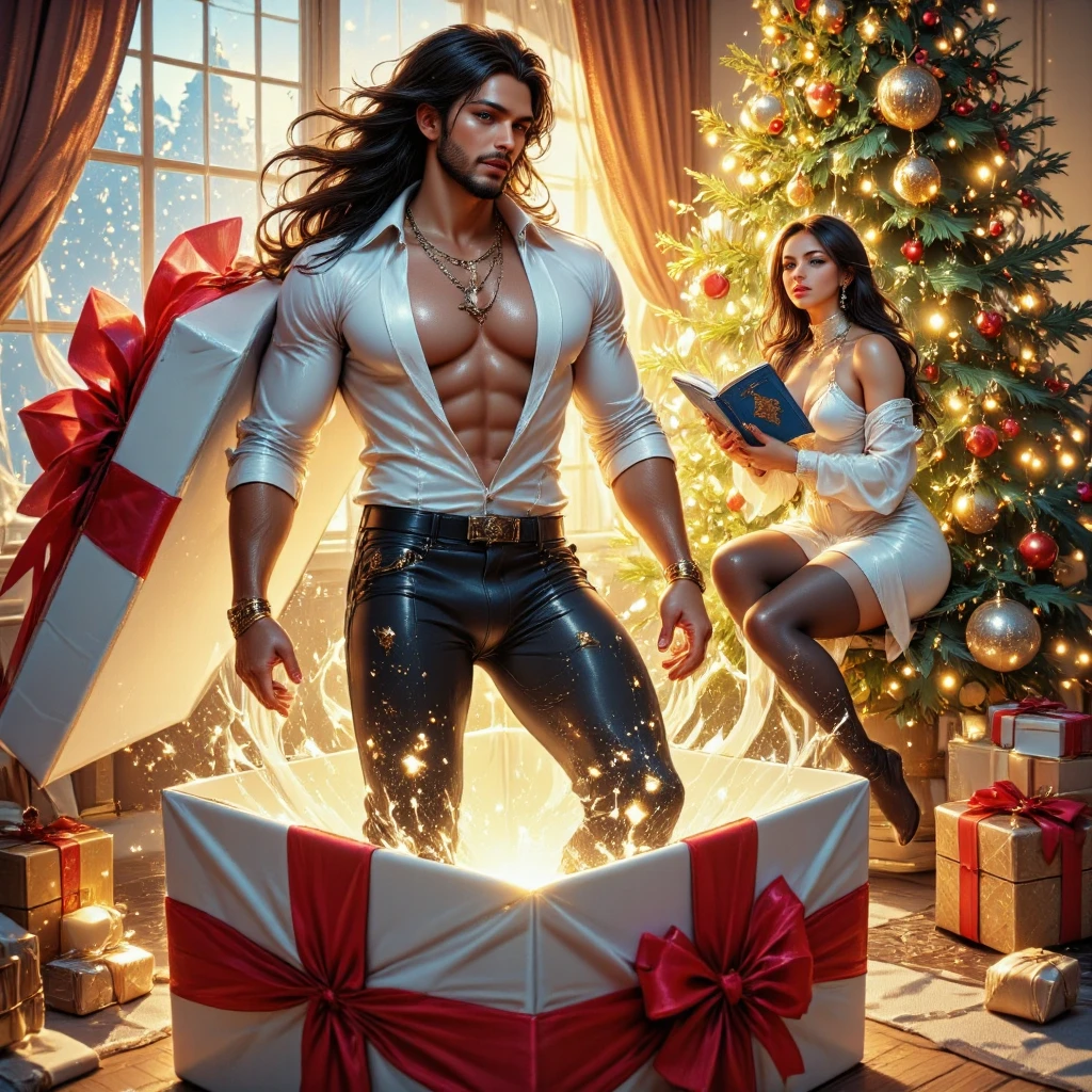  EXTREMELY DETAILED HI-REZ A beautiful muscular sexy aristocrat man with long black hair , in a white shirt , pants and boots is standing inside a large gift box with red with a bow and looks at the camera ..  An 18-year-old flirting woman looks happily at him with an open magic book .  New Year's room in a modern apartment , Christmas tree, present.  Sunlight illuminates every snowflake . dynamically.  dynamic pose. BRIGHT,textural, three-dimensional , bright rich complementary colors .  flowing hair .textural.  correct anatomy proportions .right hands . Beautiful realistic model faces .