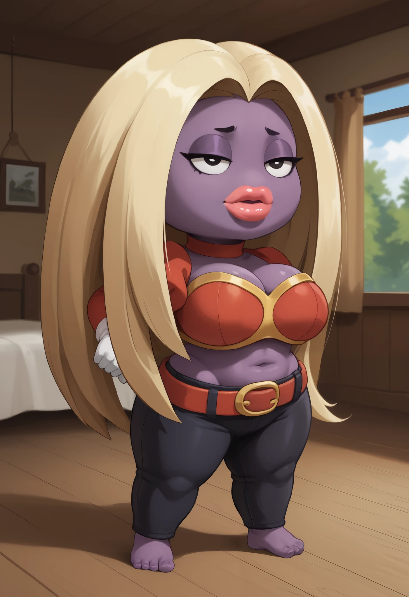 score_9, score_8_up, score_7_up, rating_explicit, 1girl, colored skin, lips, thick lips, pokemon (creature), no humans, long hair, blonde hair, black eyes, (shortstack:1.3), purple skin, puffy shoulders, large breasts, wide hips, bedroom eyes, cleavage,| choker. gloves, navel,midriff, belt, pants, crop top, turtleneck, room, room background, cowboy shot. forest. tent