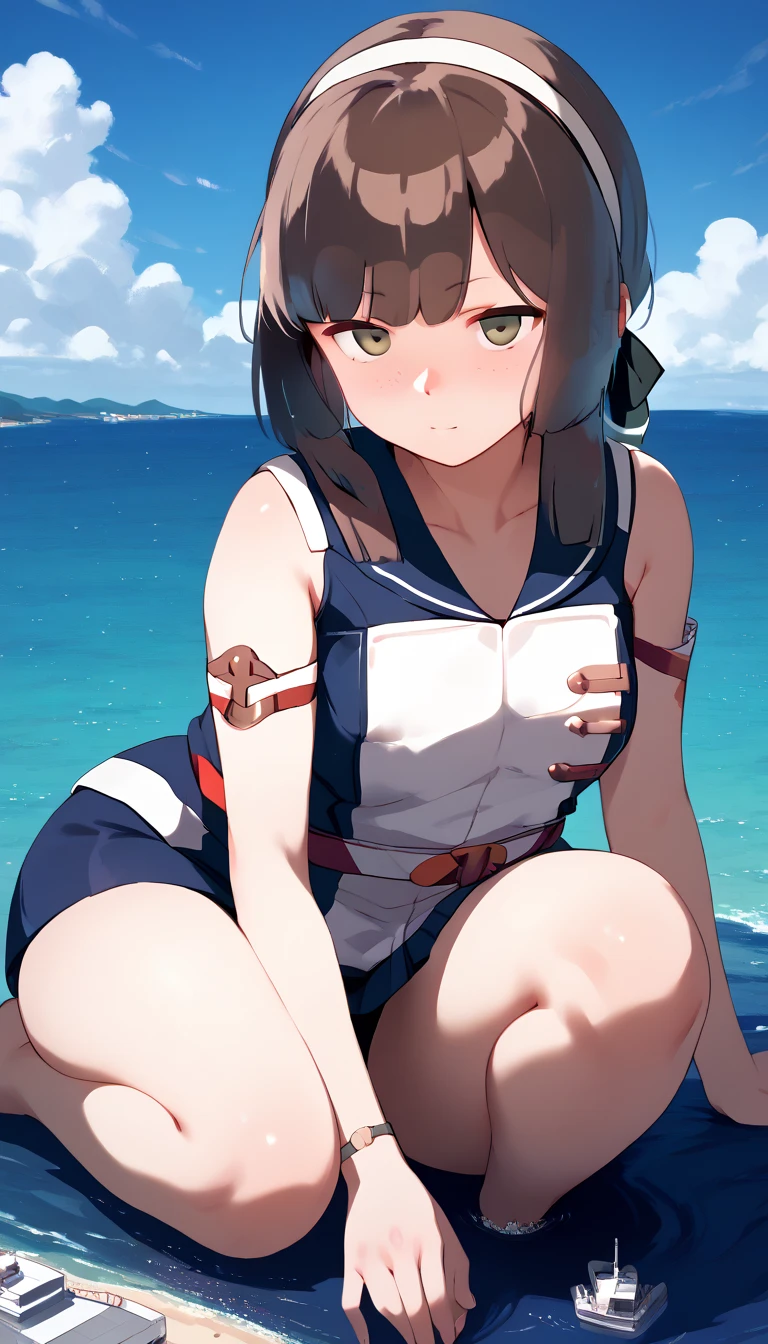 mogador_ kancolle ,,dark brown hair color,giantess,microcity,Sitting in the harbor