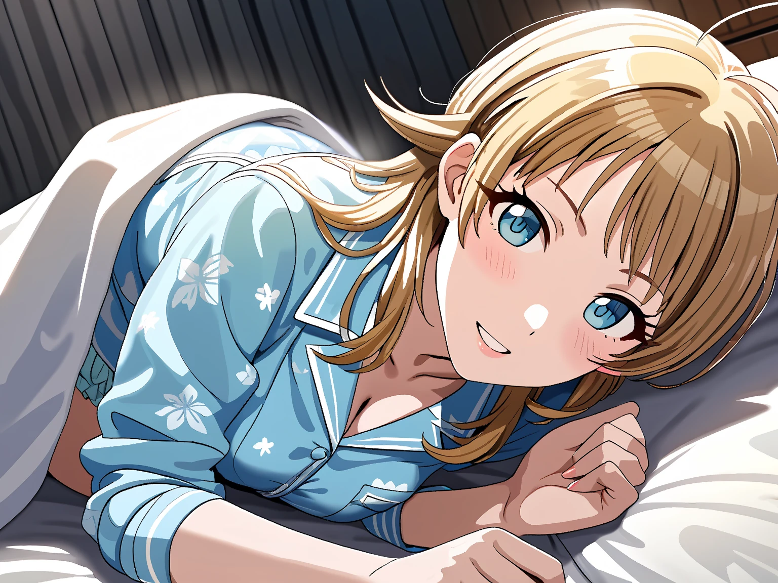 (masterpiece), (Highest quality), (Very detailed), (The best shape), (Best Shadow), (Absurd), (Detailed Background), (so beautiful), Shiny, Beautiful eyes in every detail, Extraordinary, Countershading, 8k, 32K, High resolution, Very Detailed CG,

Hachimiya Meguru, blonde hair, long hair, (blue eyes:1.2),
the idolmaster shiny colors,
anime style,
realistic skin,

blush,
bedroom,
pajamas ,
pov across bed,
bed invitation,  lifting covers,
(pich-Dark Room:1.2),