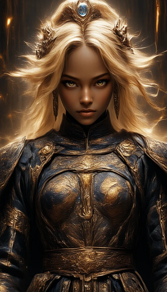 a young sexy black girl with ebony skin ,blonde hair in sexy emperor outfit, evil smile,((Amazingly absurd)),超High resolution, Attention to detail, high quality, High resolution, 最high quality, 4K, 8k