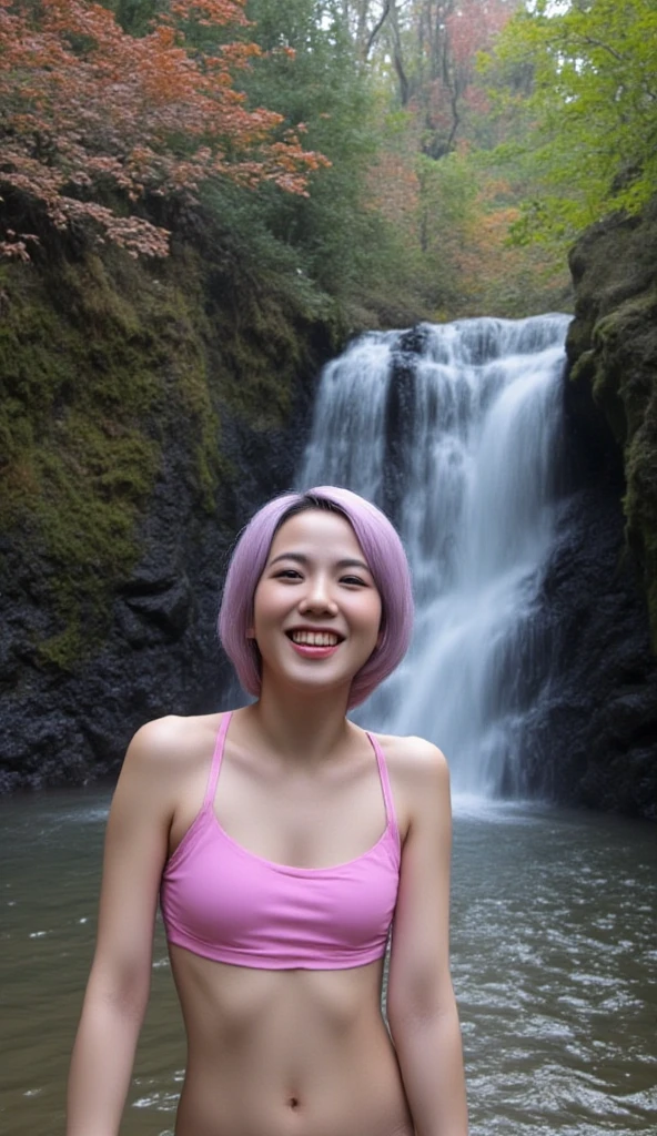 (((photorealism:1.2))), (((ultra-realristic))), A sweet and endearing Thai girl with a fair complexion, short hair dyed in shades of purple and pink, flowing lightly in the breeze. Her round face radiates charm and innocence, and her joyful laughter exudes both shyness and delight. She wears a soft pink sports bra, adorned with small, age-appropriate accessories. Emerging gracefully from a crystal-clear stream bordered by smooth rocks, she becomes the centerpiece of this enchanting scene. Behind her, a majestic waterfall cascades with powerful flow, creating a misty spray that catches the sunlight, forming a faint, magical rainbow. Towering trees with leaves transitioning into warm autumn hues frame the background, adding to the serene, picturesque ambiance. The overall atmosphere is one of relaxation and natural beauty, captured in vivid detail with the skill of a masterful photographer.
