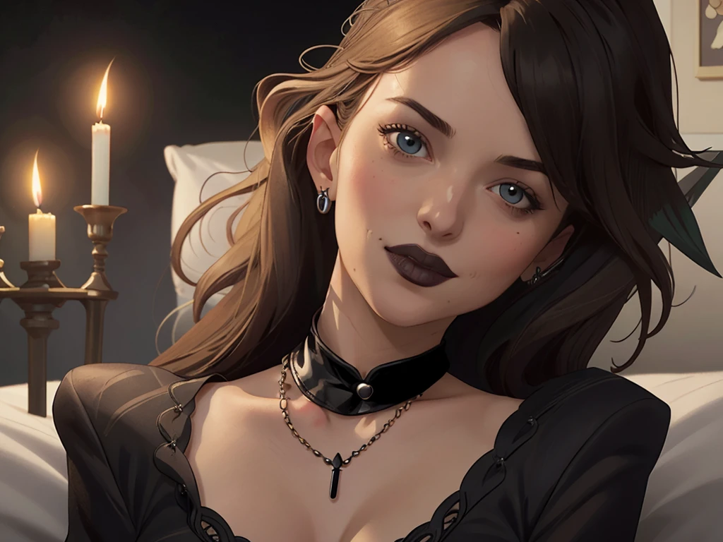   Close-up of a woman wearing a black blouse and a black bra  ,  Charlie Bowater art style , estilo Charlie Bowater, portrait de vampiro, arte do personagem Charlie Bowater, alena aenami and art germs, Neoartcore e Charlie Bowater,   Charlie Bowater rich and deep colors  , lazy art style,  germe de arte and Tom Bagshawum close up of a woman with long black hair and a necklace , amoranto, Bela Delfina,  better known as amoranto , Kailee Mandel, black hair and big eyes,   profile picture with close up  ,  handsome young Amoranto ,   pale and shiny skin  ,  portrait de alta qualidade,   with long hair and piercing eyes  ,  skin like ivory,  Sydney Hanson,  white skin tone mode , close up, portrait, cartoon style,  GTA digital illustration of a woman in a black dress and black hair , Beautiful Vampire Queen , beautiful female vampire queen, Gothic maiden,   beautiful Gothic supermodel  , female vampire bonita, , , Gothic maiden of the dark,   Gothic style, gothic woman, Gothic clothes, Gothic clothes, vampire fashion, female vampire,   wearing a gothic dress Close-up of a woman with long hair and a sweater ,   curly brown hair  , beautiful model,  portrait de alta qualidade,   Medium Soft Light Portrait  , looks like young Liv Tyler, portrait colorido,  pretty woman,  curly blonde hair  | d & d, bela iluminação de portrait,  A beautiful young woman , very beautiful model, 50mm Portrait,   A woman in lingerie posing on a bed with candles , beautiful attractive anime woman,  seductive anime,  detailed high quality 8k art, blonde hair princess,  perfect body with realistic shading, Art in the style of Guweiz, anime barbie in white socks, [blonde goddess,  extremely detailed Artgerm ,  rendering of a photorealistic anime girl, ((uma bela imperatriz fantasia))