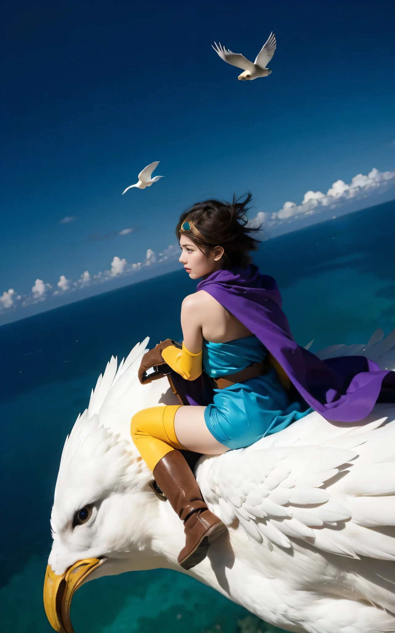 roto (dq3),beutiful ung women、((riding on the back of a large white bird. 翼を広げた大きな鳥、大き
翼). alone, short hair, brown hair, blue eyes, circlet, strapless, blue dress, purple cape, thighhighs, elbow gloves, boots, belt,knee boots、fullbody , masterpiece:1.3
"A person riding on the back of a large white bird, flying over a vast landscape, cinematic lighting, fantasy art style."floating.floating、Aerial Shot、ocean