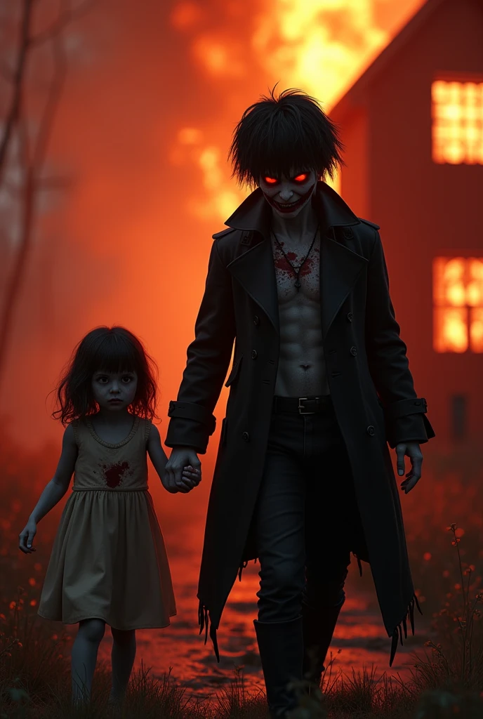  fille, Pale, long black hair, yeux orange dorés en certain endroit, lives in a bad neighborhood with his older brother who looks like him. The big brother has many scars, He has a dagger in his hand as if he were trying to defend his sister. 