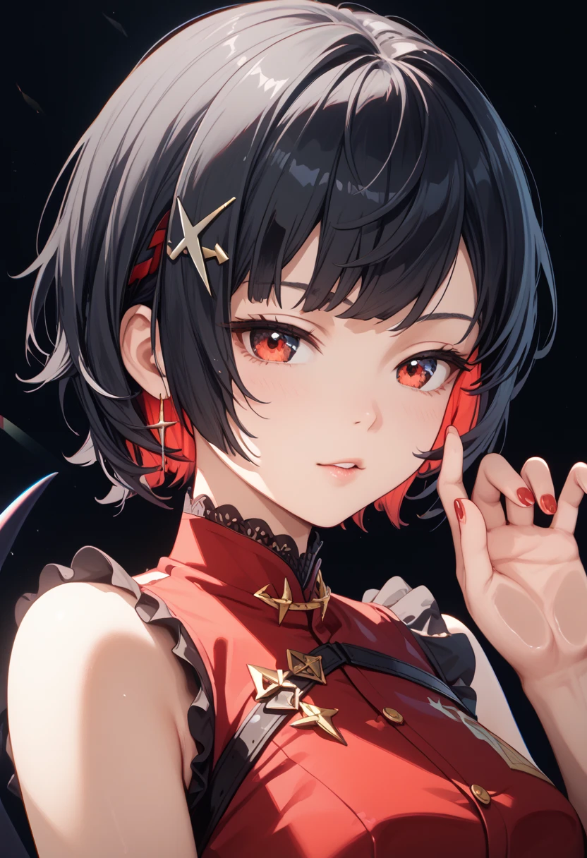 masterpiece， high resolution，Anime Art，Anime Numbers， 4k anime wallpaper，Soft Light， radiant skin， unique ，An anime girl，Crawling on glass，close up， black hair， ombre short hair， red cheongsam， black pantyhose ， red eyes， black shark tail， black background