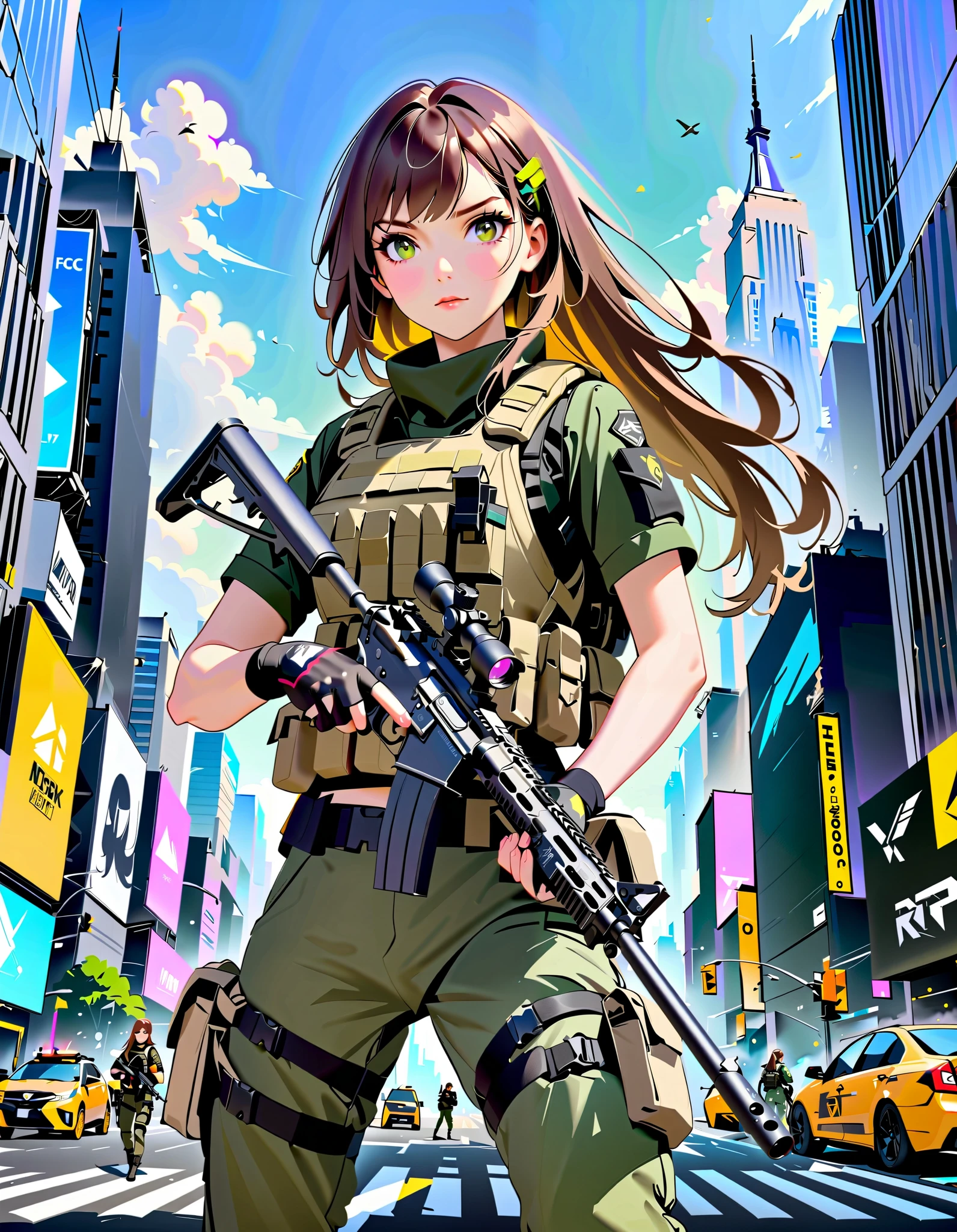 Masterpiece, anime girl with gun in hand and city in background, brown hair, meium hair, long hair, (green and yellow striped dot-shaped hair clip), hazel eyes, New York, with AR-15 rifle, (tactical fingerless gloves:1.2), assault vest, (green uniform pants;1.1), (solo:1.2, solo focus:1.2), daytime, badass anime 8 k, heavily armed, (holding a rifle:1.2, finger on trigger:1.2), girls frontline style, fine details. girls frontline, 4 k manga wallpaper