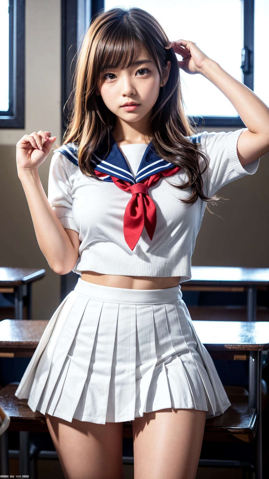 ((Breast enlargement)), (masterpiece, Highest quality:1.2), 8K, Young and beautiful girl, 85mm,Official AR RAW Photos, (Baby Face), ((Small face)), ((((Super big breasts)))), Detailed nipples, Show me your ears、photo shoot, Cute face, Thighs, Classroom after school, Looking at the audience, ((Knees up, legs apart)), ((Spread your legs in an M shape)), Embarrassing、smile、No makeup, Film Grain, chromatic aberration, Sharp focus, Face Light, Bright lighting, 10 generations, Detailed face, Background blur、((((((14 year old high school girl))))))、Narrow waist, ((Sailor suit, Navy Pleated Skirt)), show me your little white panties, sit with your legs spread, (Spread your legs and show your underwear)
