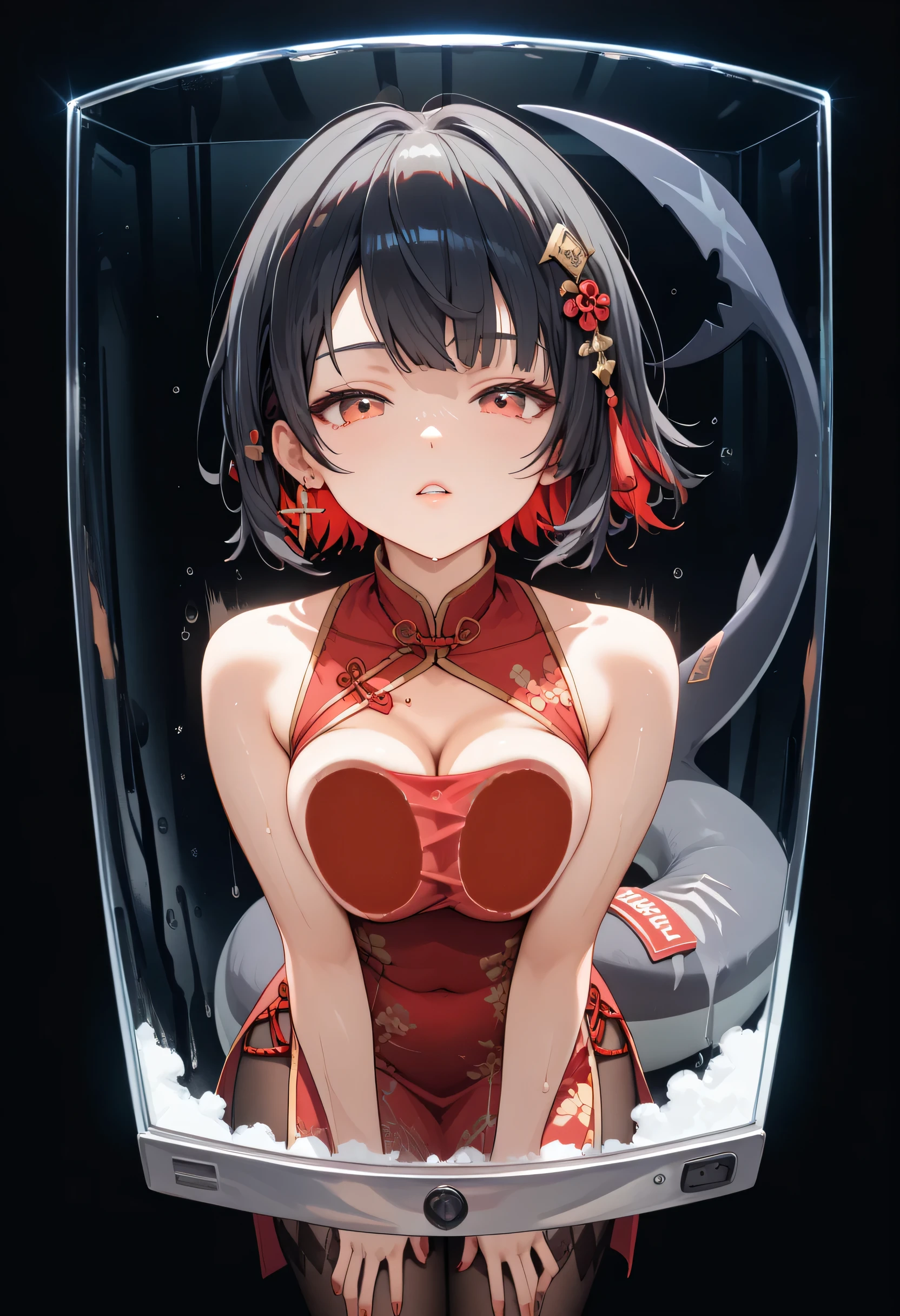 masterpiece， high resolution，Anime Art，Anime Numbers， 4k anime wallpaper，Soft Light， radiant skin， unique ，An anime girl，Crawling on glass， black hair， ombre short hair， red cheongsam， black pantyhose ， red eyes，Chest squeezed by glass， black shark tail， black background