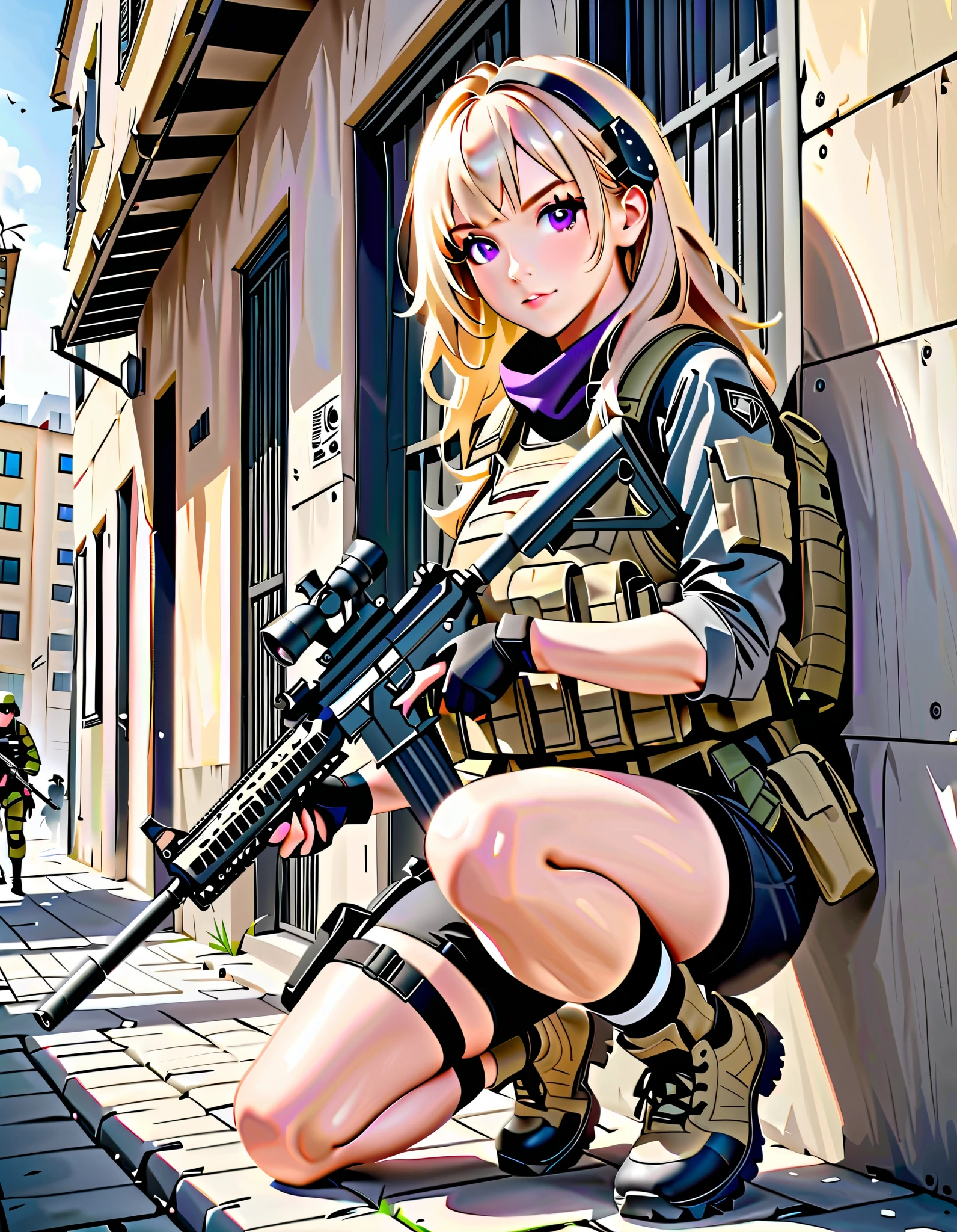 blond woman in military uniform holding a machine gun in front of a building, purple eyes, military girl, airsoft cqb, ry girl, soldier girl, photograph of a techwear woman, wearing tactical gear, with rifle, beautiful female soldier, military photography, mechanized soldier girl, dressed in tactical armor, carrying a rifle, ready for combat, m4 sopmod ii girls frontline, leaning on wall, kneeling pose.