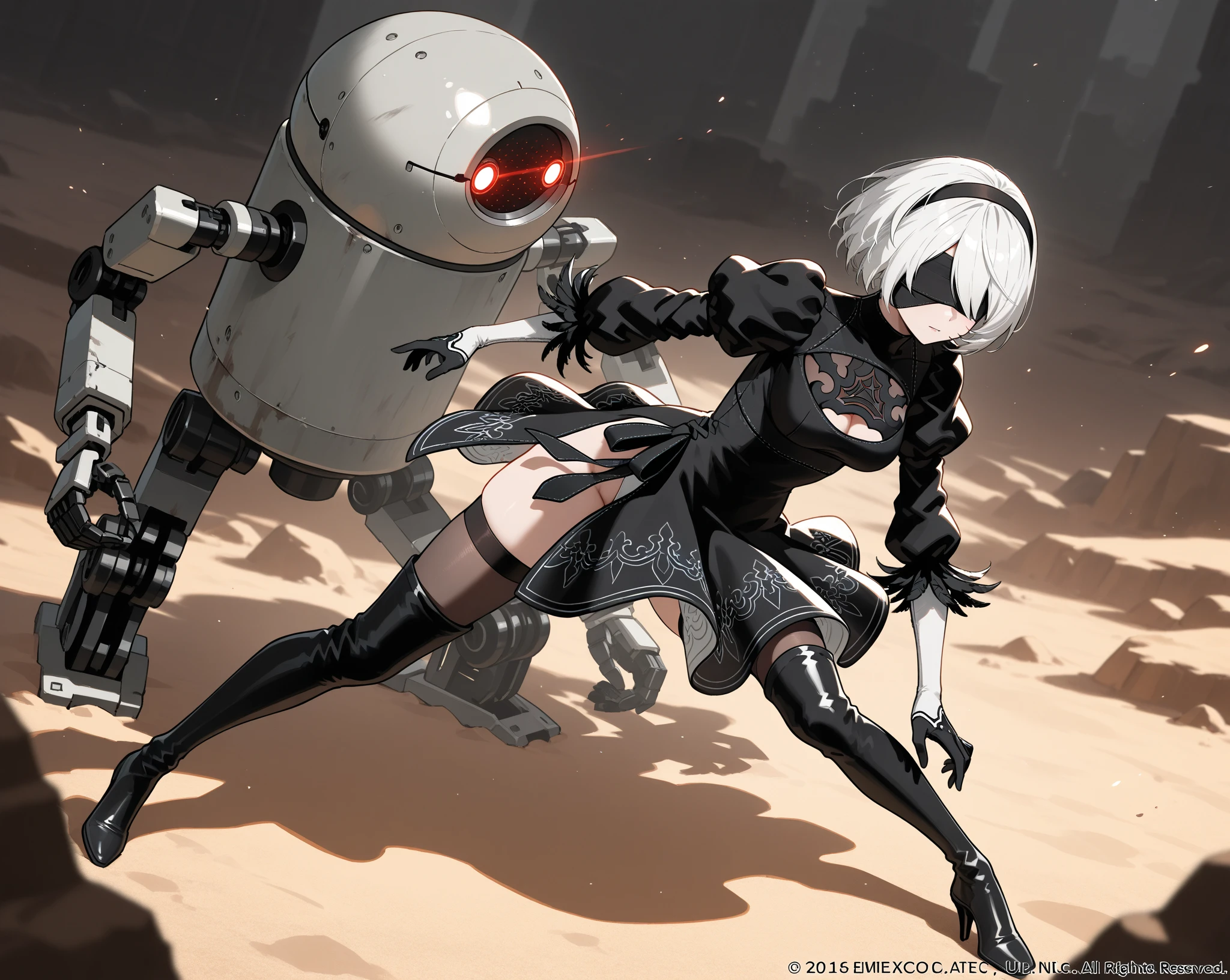 Score_9, score_8_up, score_7_up, source_semi-real, rating_safe;; Nier Automata 2B, fighting robot machine_lifeform in a desert pit;; 2BNAXL, blindfold, black blindfold, black hairband, white hair, short hair, medium breasts, clothing cutout, cleavege cutout, black dress, puffy sleeves, feather-trimmed sleeves, black gloves, leotard, skirt, black thighhighs, thigh boots, black high heels