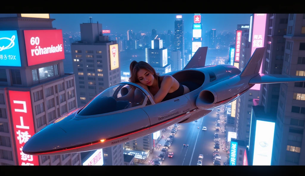Woman in bikini city center of the future with flying electric car --auto --s2