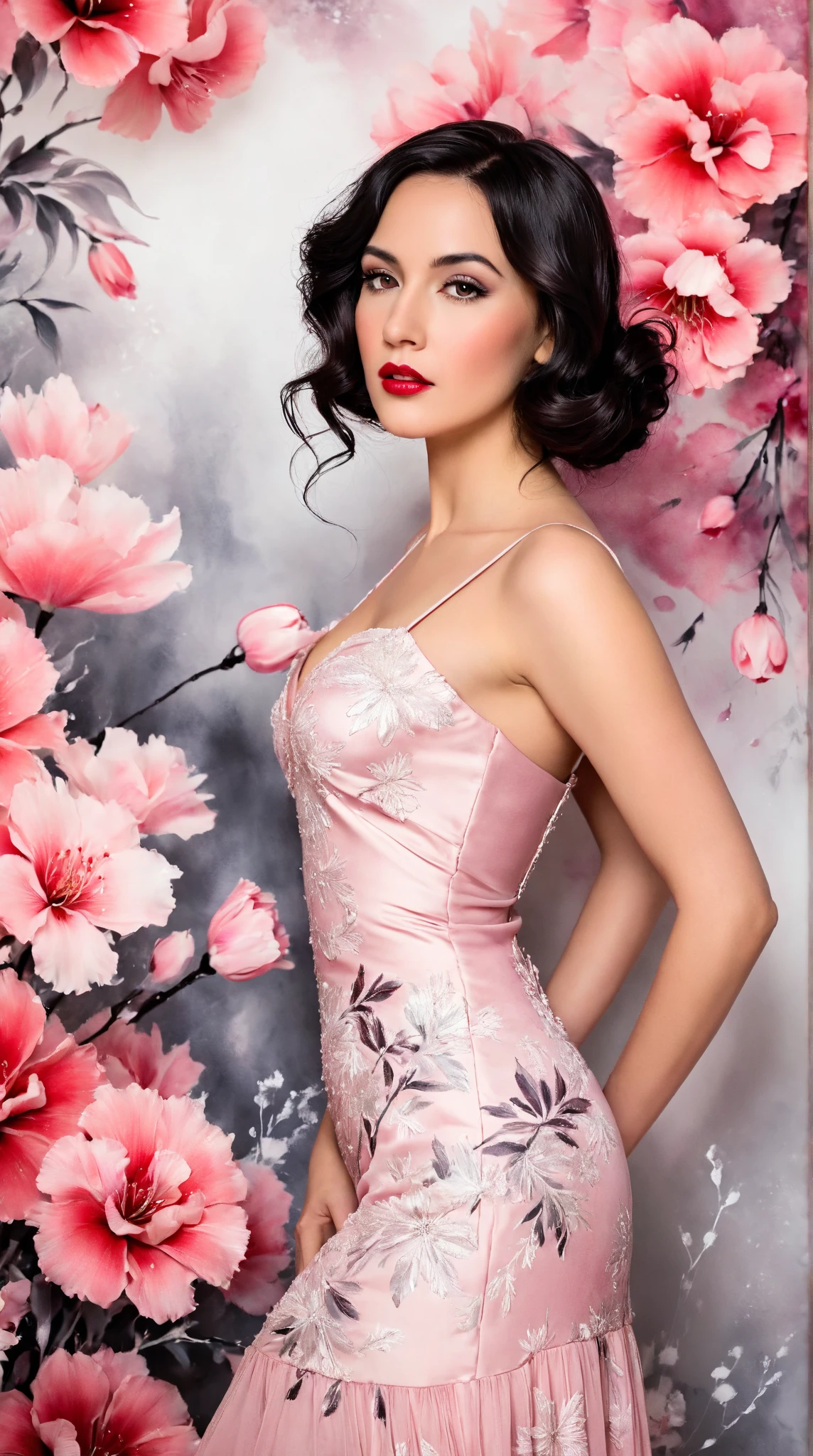 In a whimsical floral backdrop, a graceful European woman from the 1920s stands elegantly. Her delicate features are softly illuminated, framed by gentle waves of dark hair. She wears a flowing pink dress that billows lightly, enhancing her serene presence. Her lips are a striking red, adding a touch of vibrancy to the soft monochrome palette of the scene.

The artwork resembles a black and white ink painting, with fluid brush strokes and delicate line work that evoke a sense of nostalgia. Subtle tones of ink blend seamlessly, while the background bursts with pastel flowers, creating a dreamlike atmosphere. The entire composition radiates tranquility and romance, inviting the viewer into a moment frozen in time.