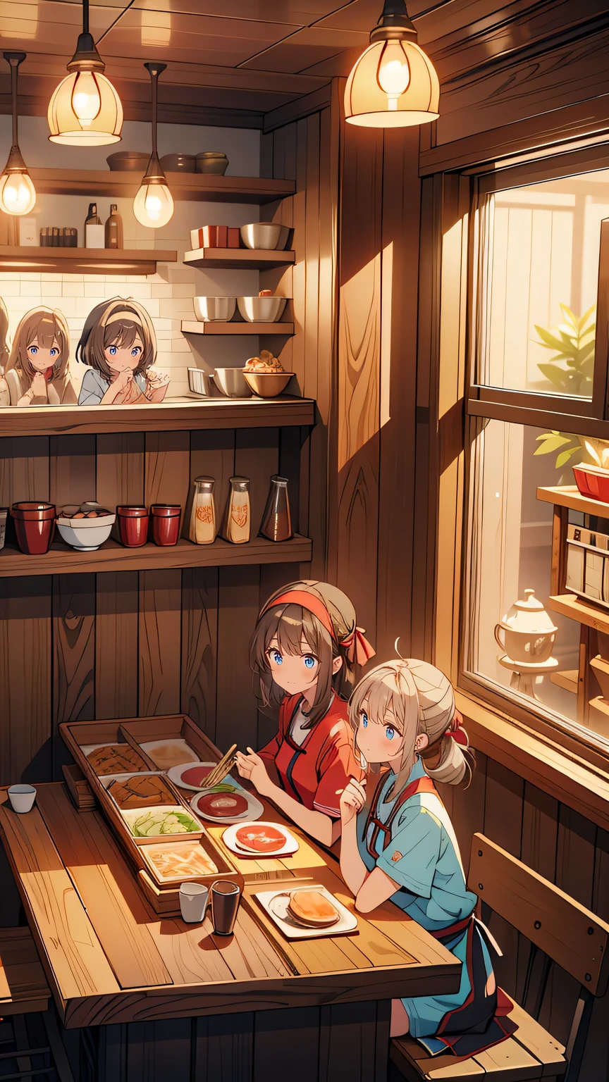 “A view from inside a small, traditional ramen shop. Four young women are sitting at the counter, eagerly awaiting their bowls of ramen. The chef, wearing a headband, is focused on preparing ramen behind the counter. The interior is simple, with wooden stools, a small menu board on the wall, and shelves filled with various ramen ingredients. Steam rises from the pots, creating a cozy, warm ambiance.”